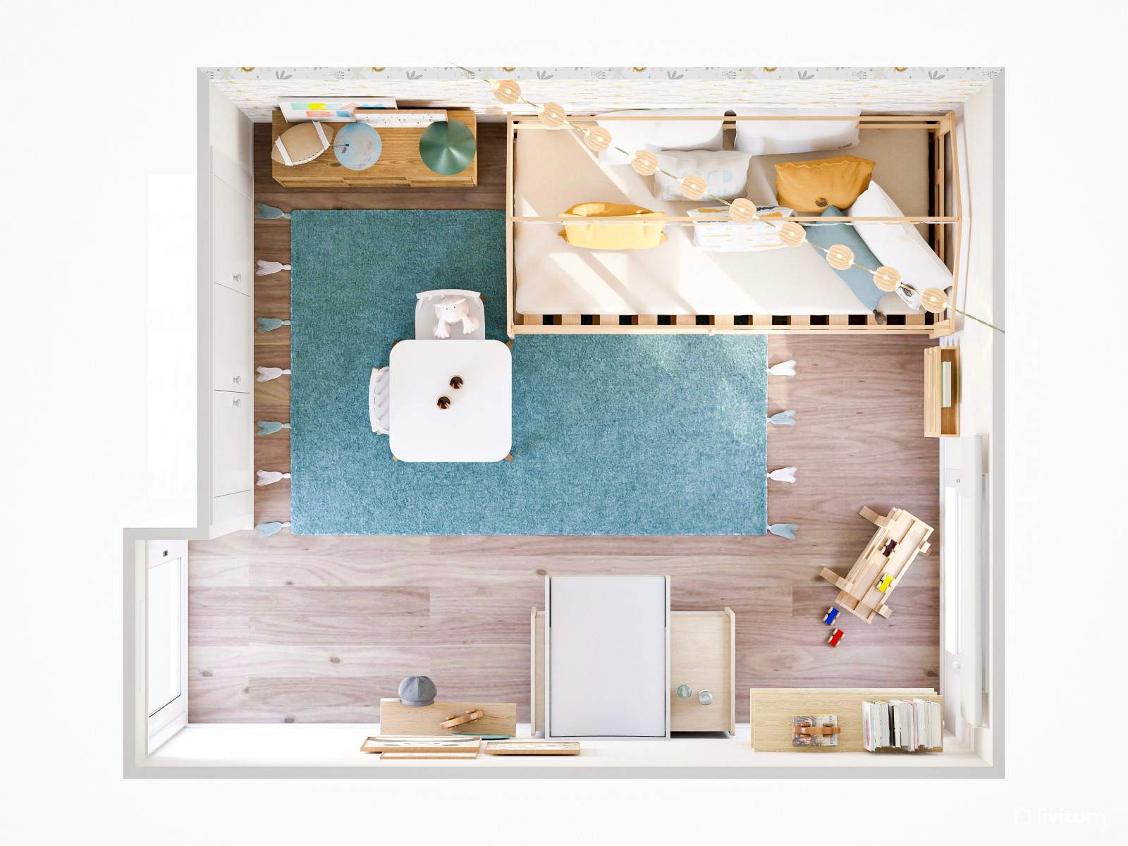 Habitación infantil en celeste y amarillo con muebles de madera