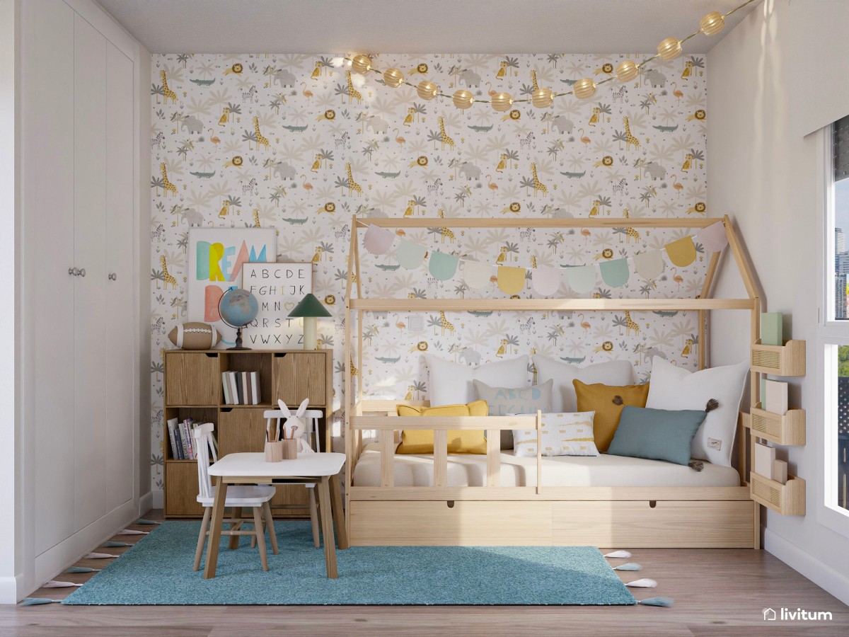 Habitación infantil en celeste y amarillo con muebles de madera