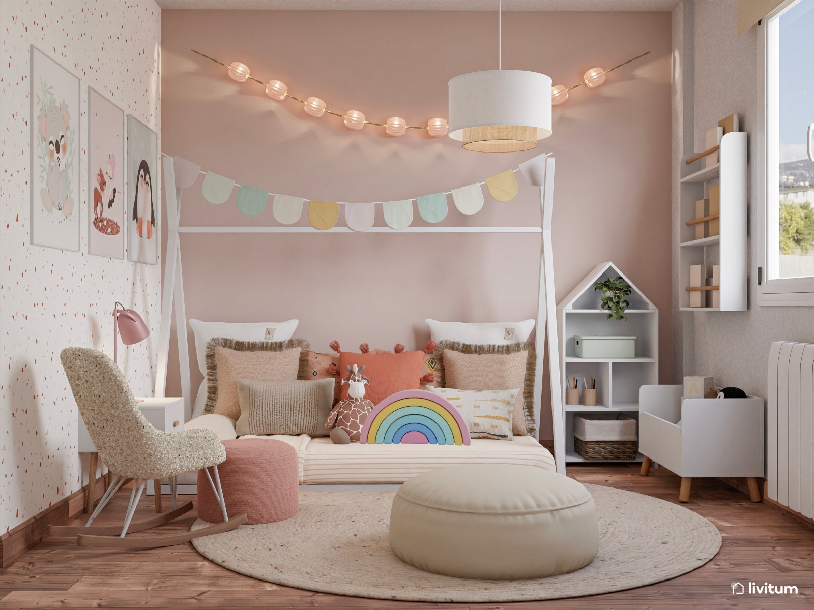 Habitación infantil en rosa con cama tipi