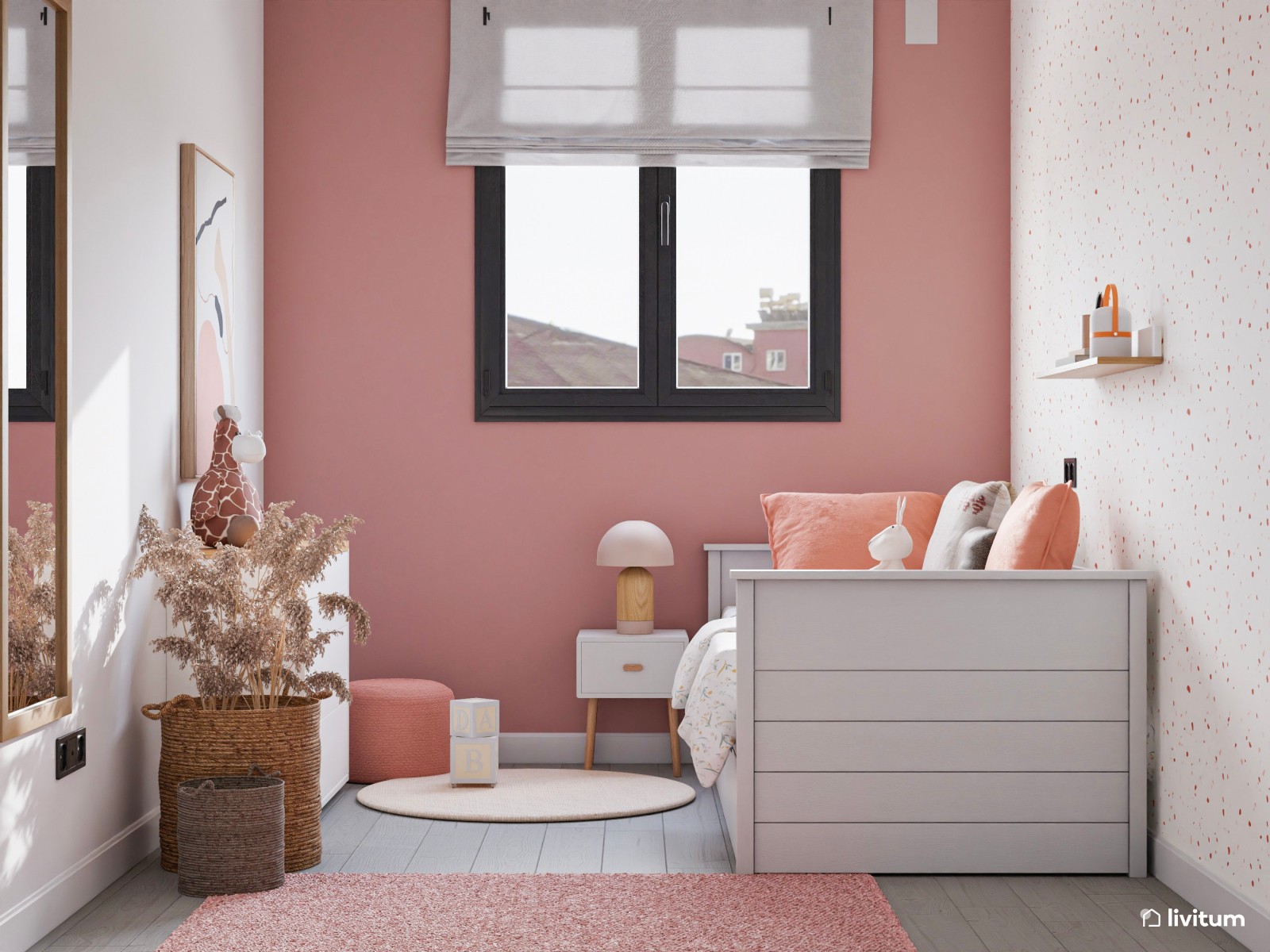 Habitación infantil en blanco y rosa con cama nido 