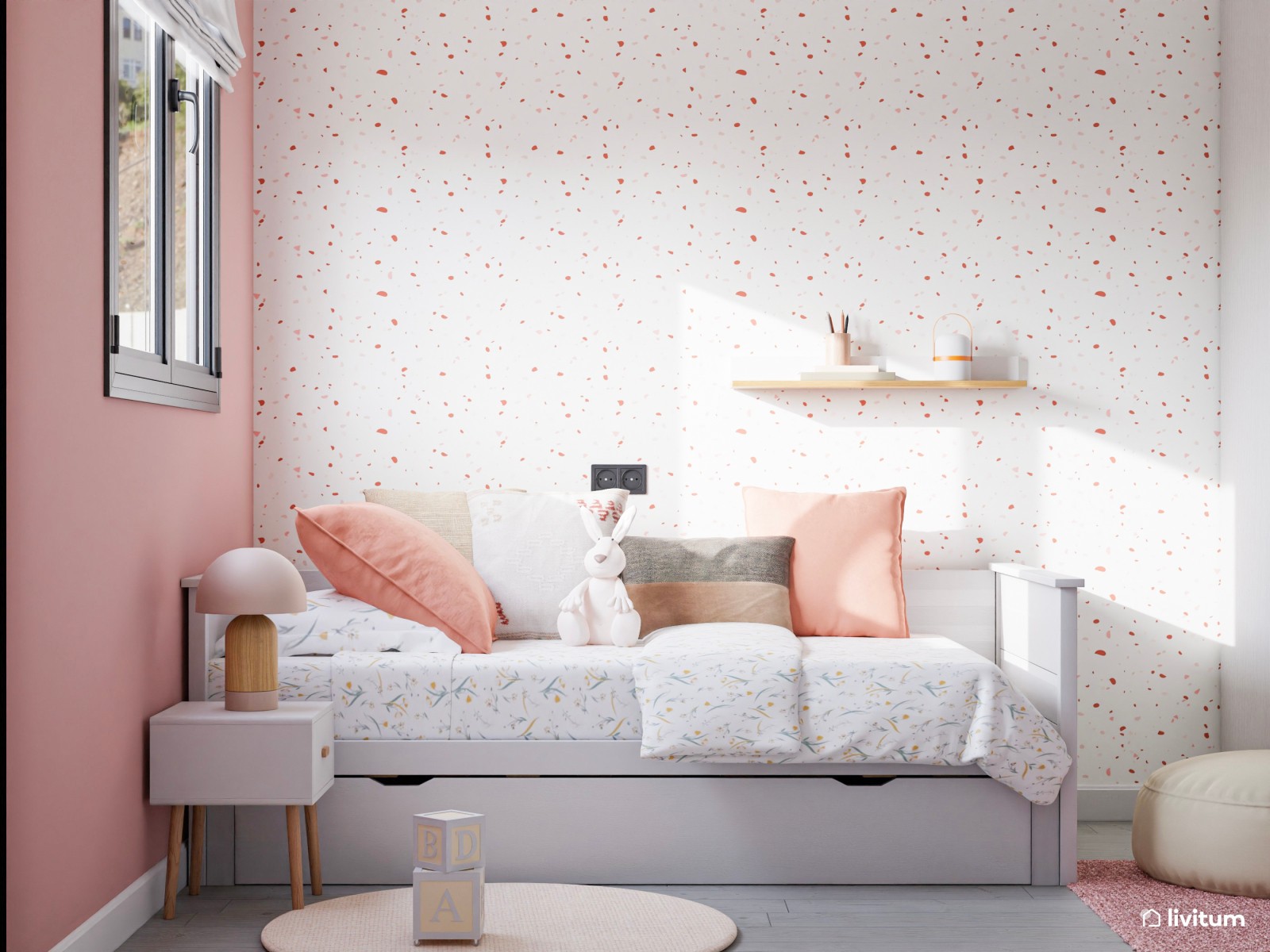 Habitación infantil en blanco y rosa con cama nido 