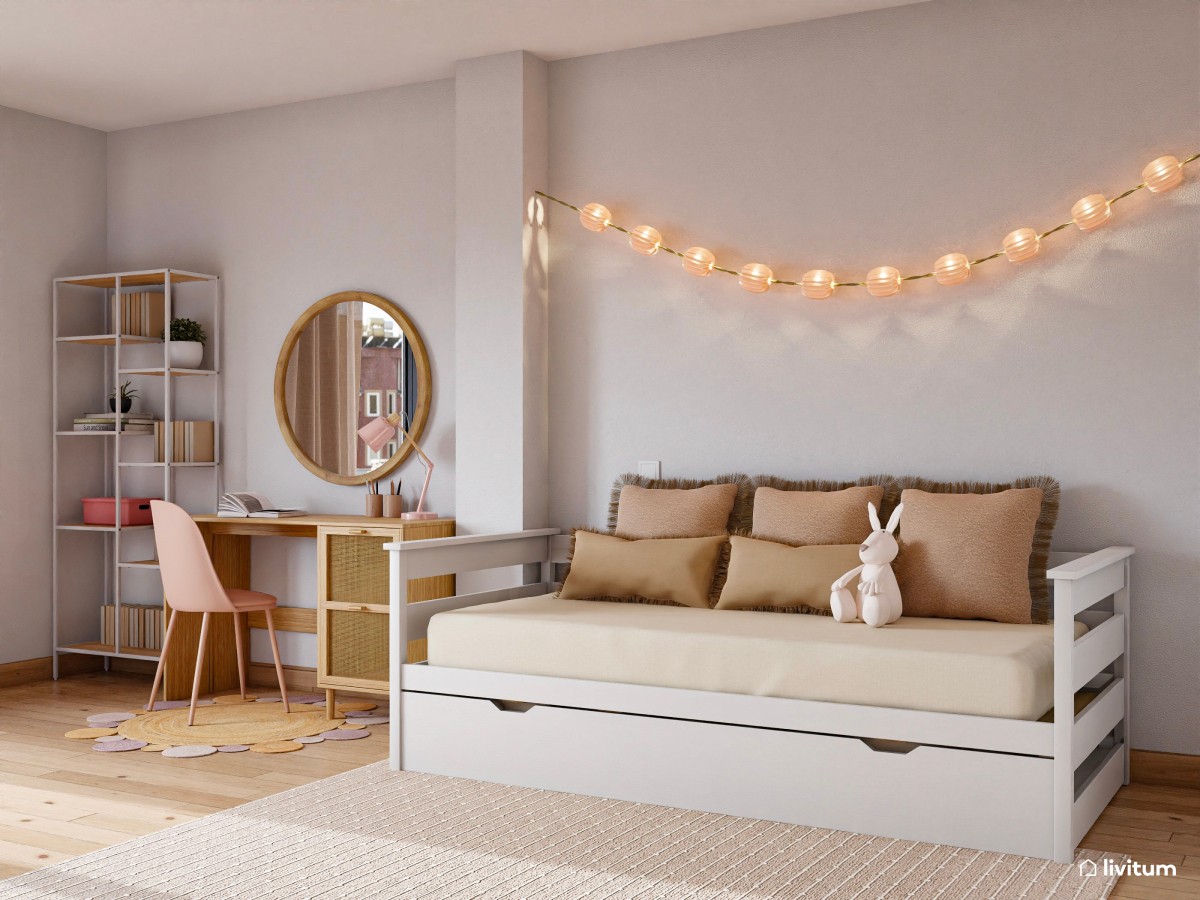 Habitación infantil en tonos pastel con cama nido y escritorio