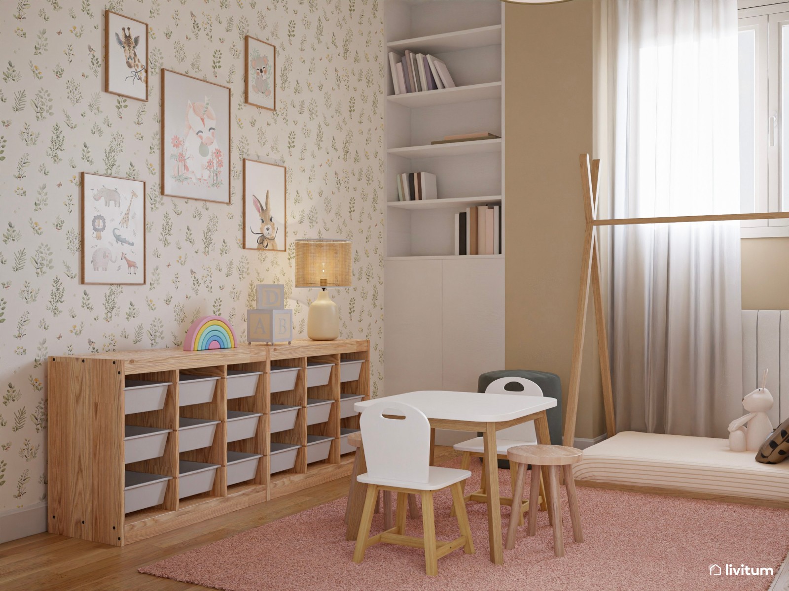 Habitación infantil en tonos rosa palo con cama tipi y zona de juego
