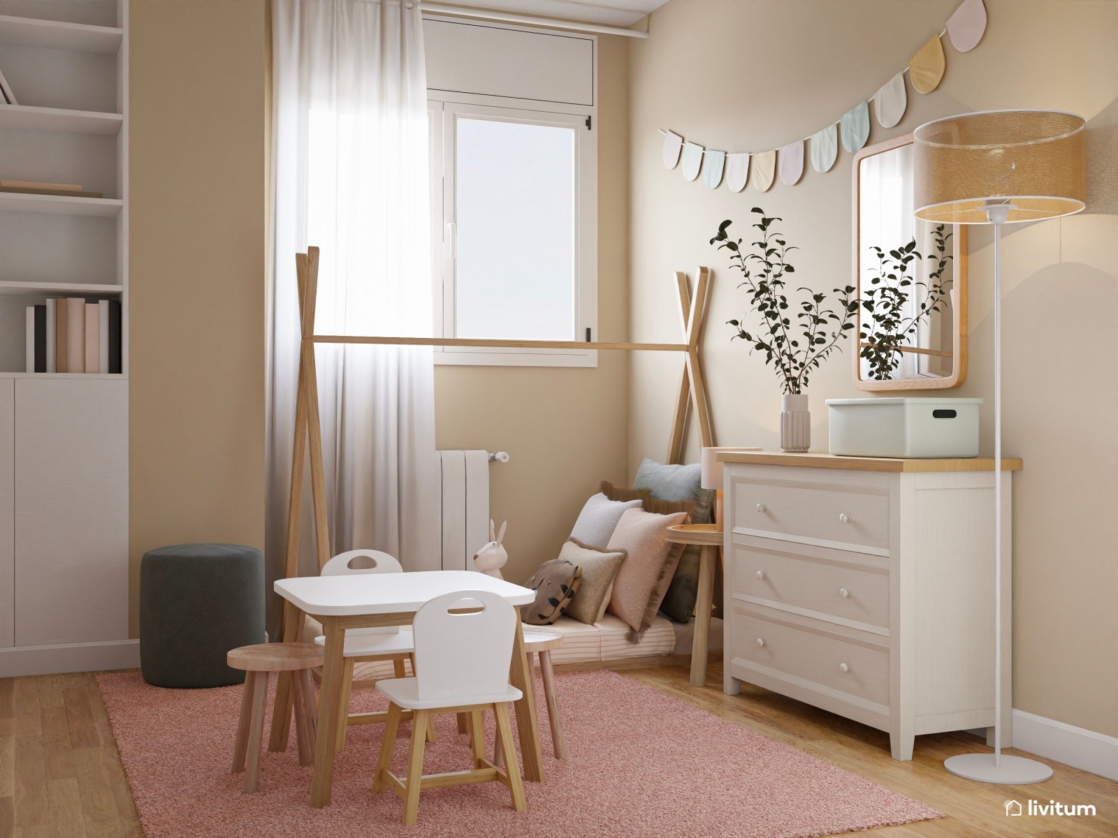 Habitación infantil en tonos rosa palo con cama tipi y zona de juego