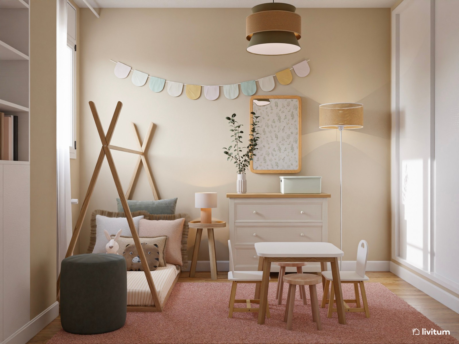 Habitación infantil en tonos rosa palo con cama tipi y zona de juego