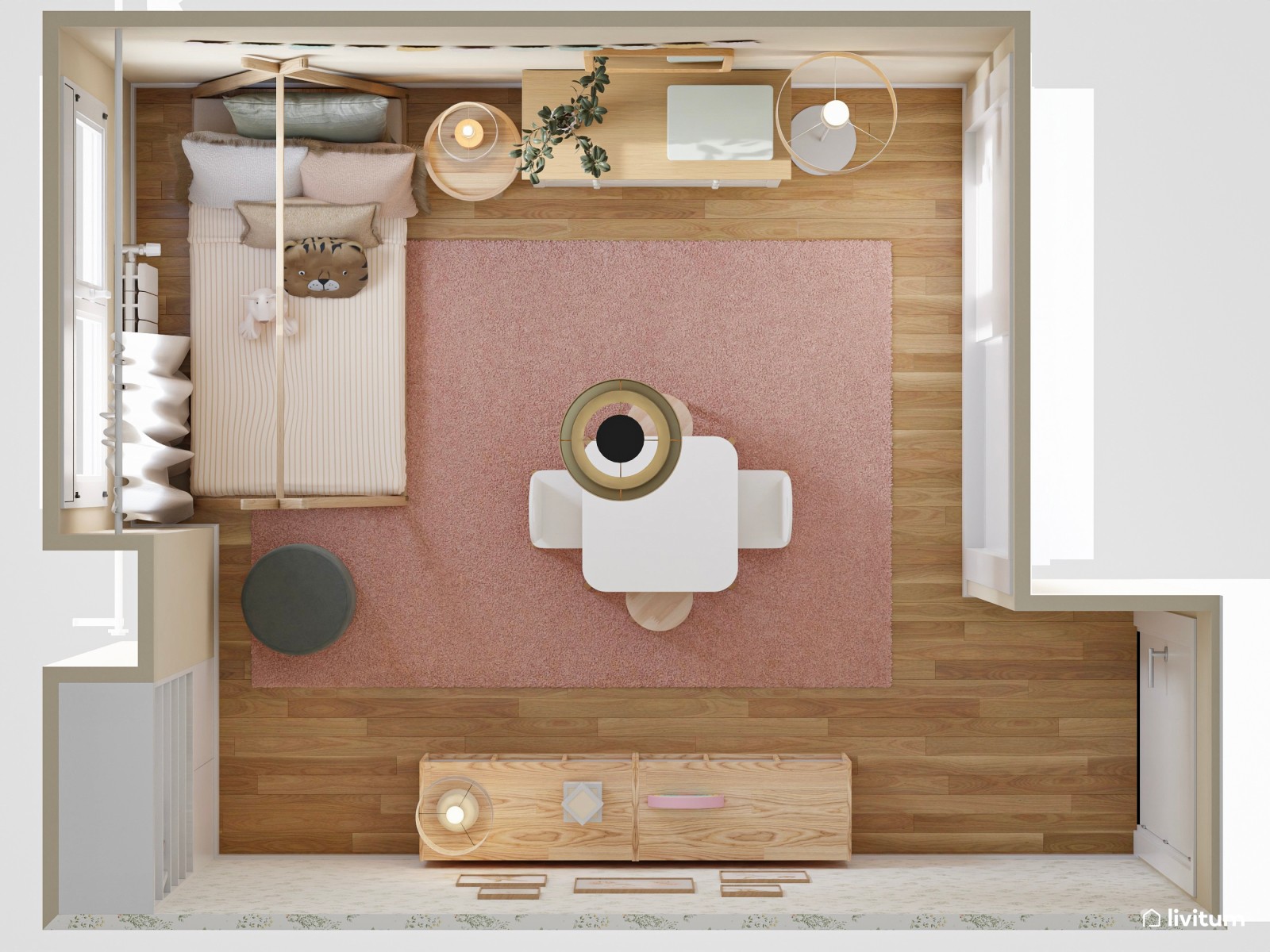 Habitación infantil en tonos rosa palo con cama tipi y zona de juego