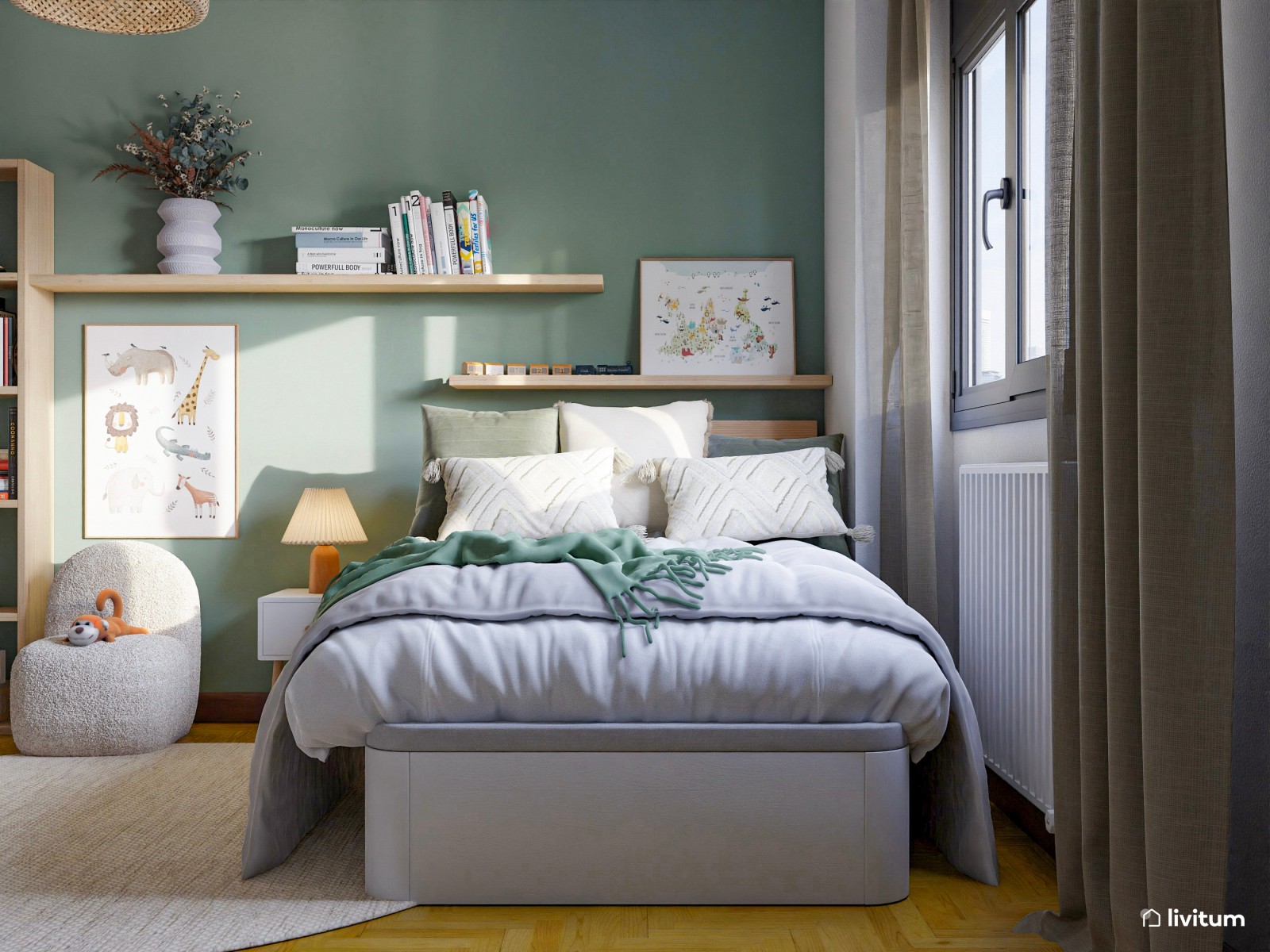 Habitación infantil en verde y madera