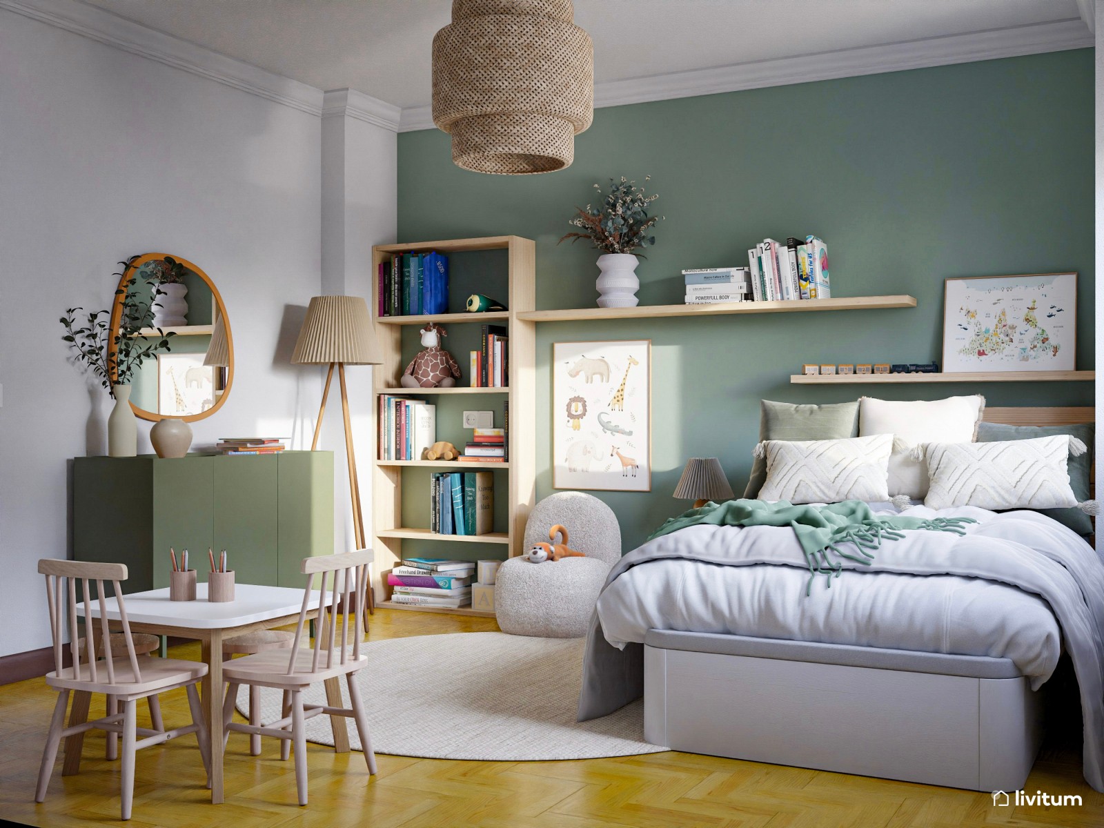 Habitación infantil en verde y madera