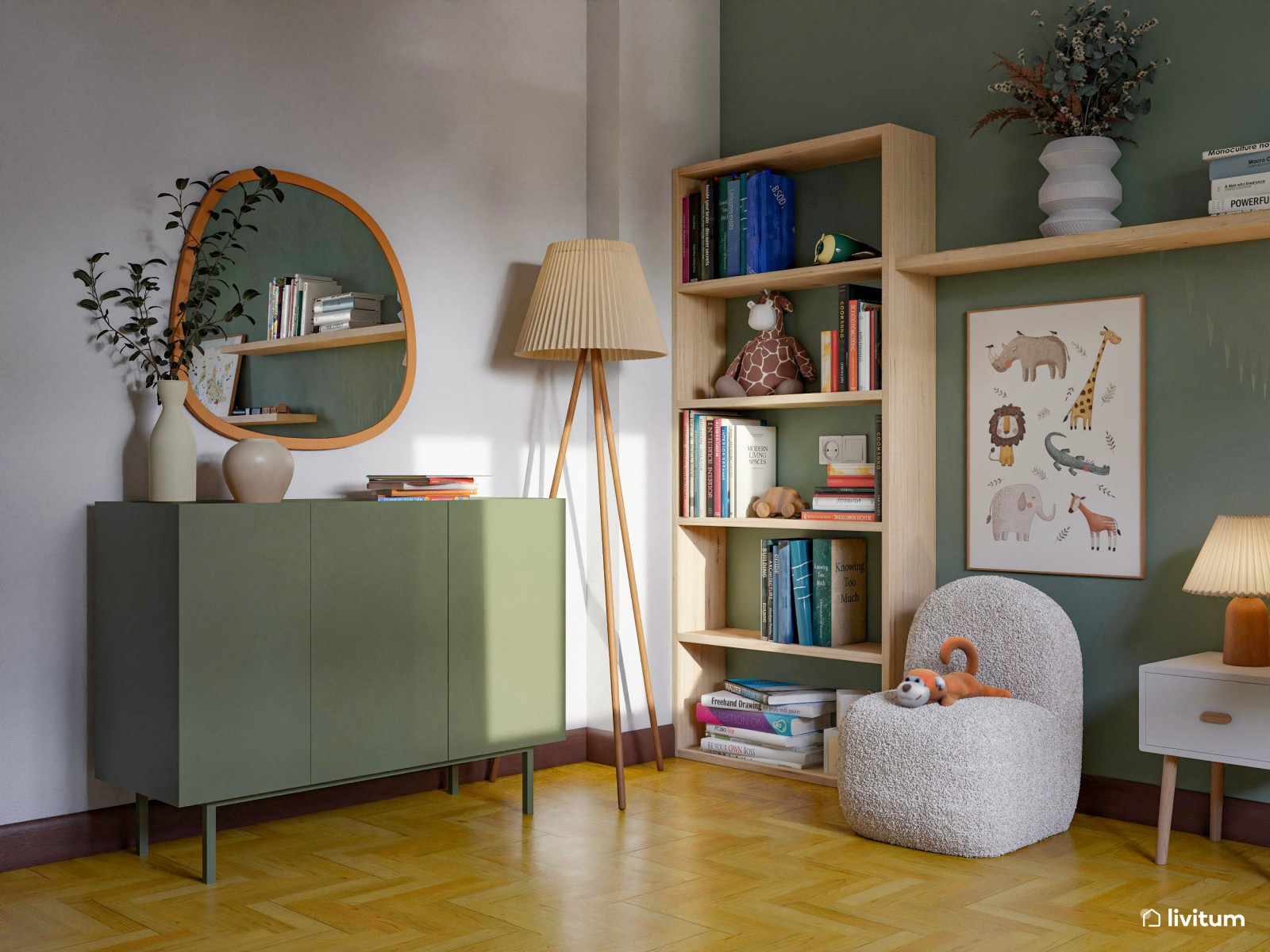 Habitación infantil en verde y madera