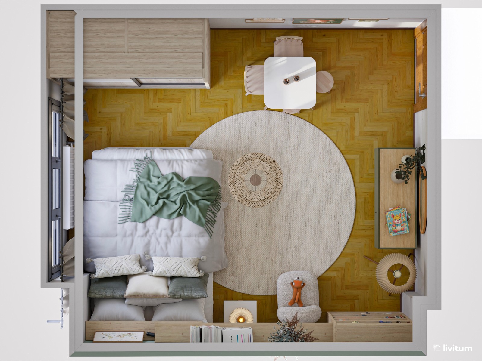 Habitación infantil en verde y madera
