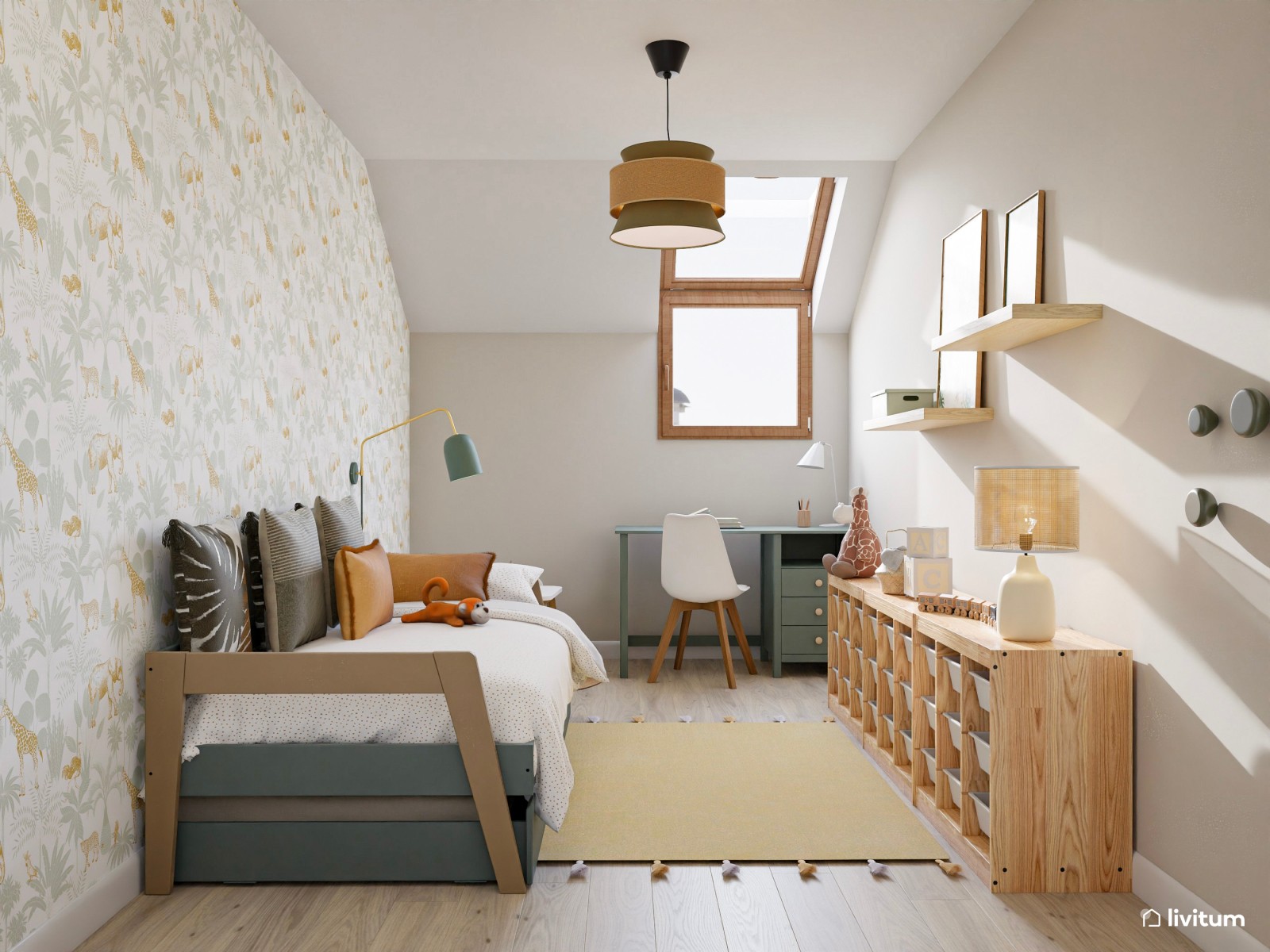 Habitación infantil nórdica bajo techo abuhardillado en tonos verdes