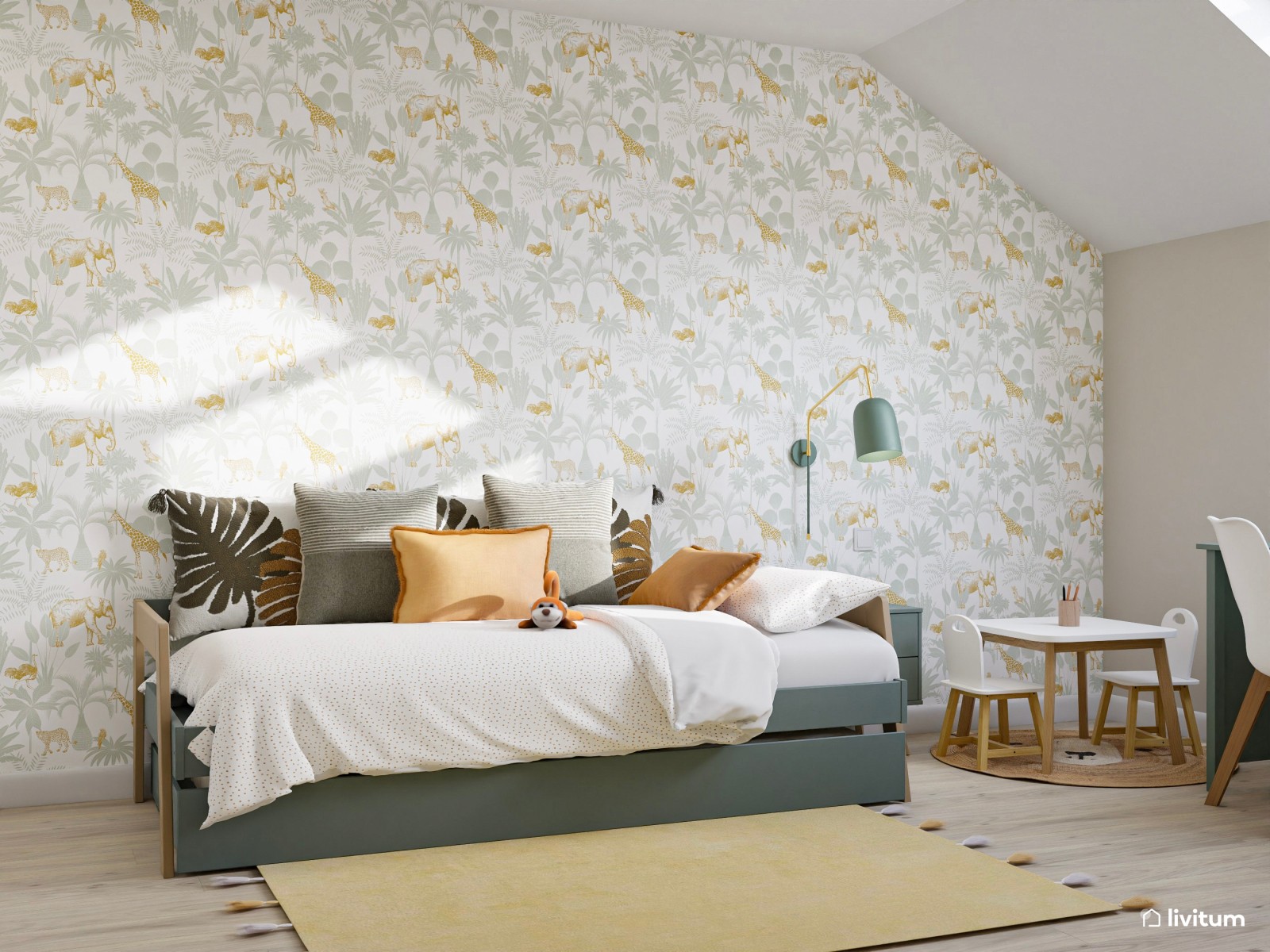 Habitación infantil nórdica bajo techo abuhardillado en tonos verdes