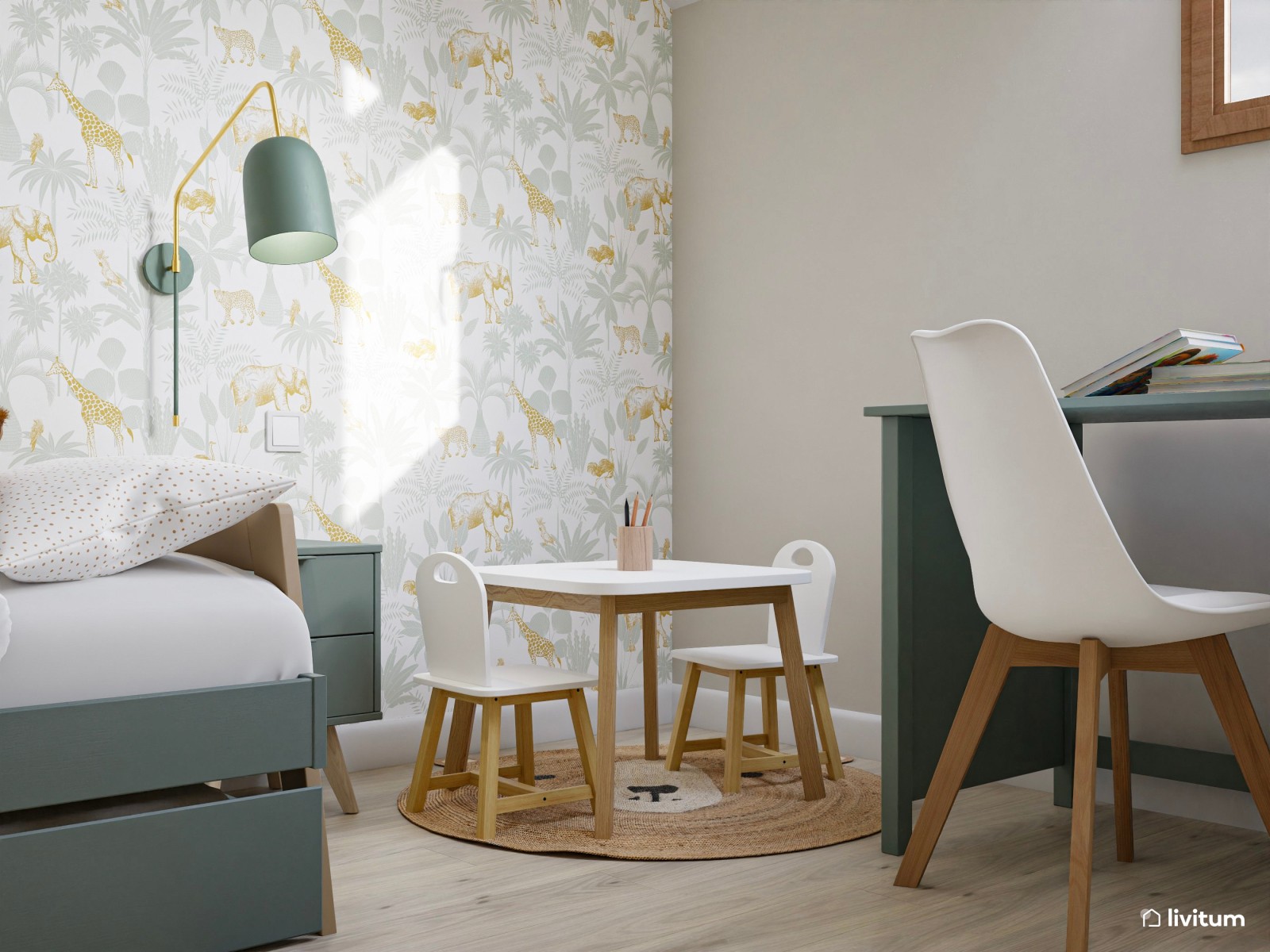 Habitación infantil nórdica bajo techo abuhardillado en tonos verdes