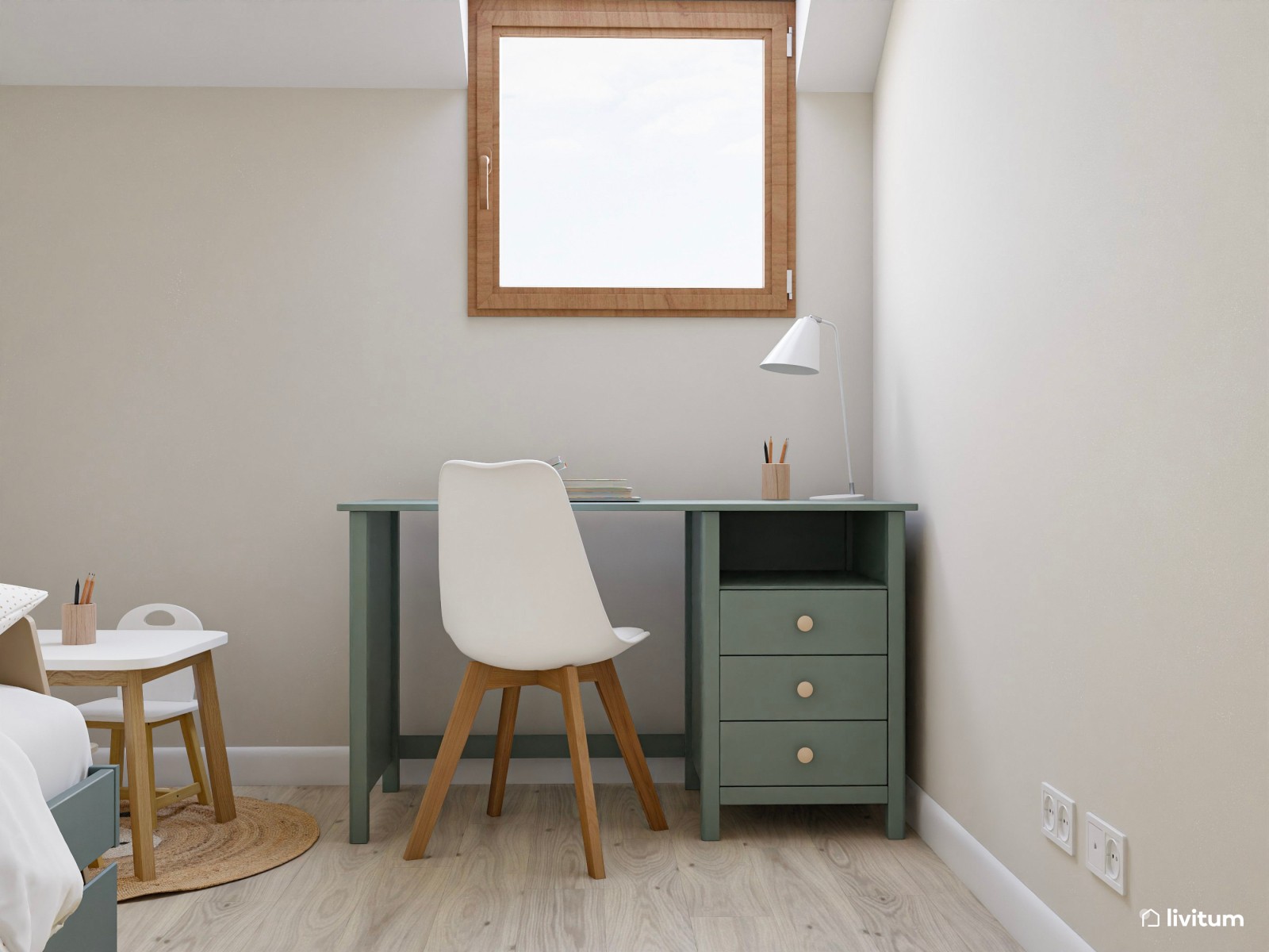 Habitación infantil nórdica bajo techo abuhardillado en tonos verdes