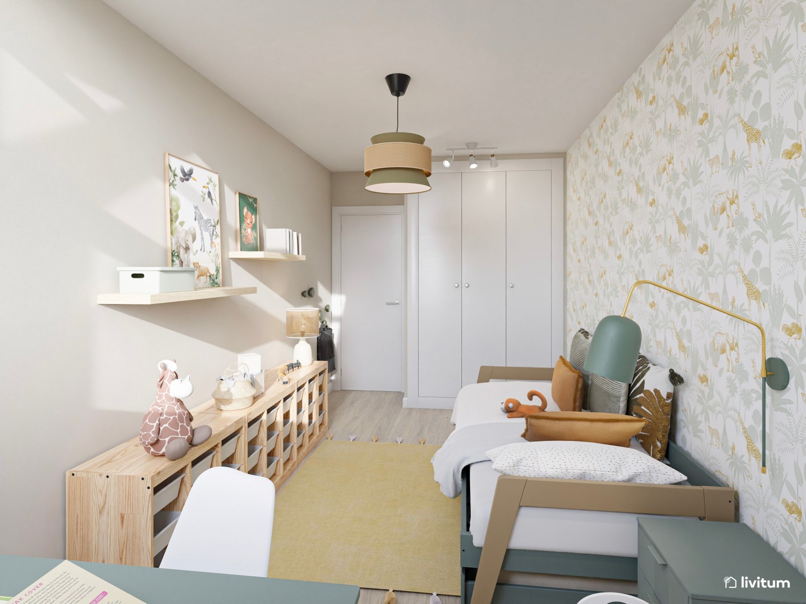 Habitación infantil nórdica bajo techo abuhardillado en tonos verdes