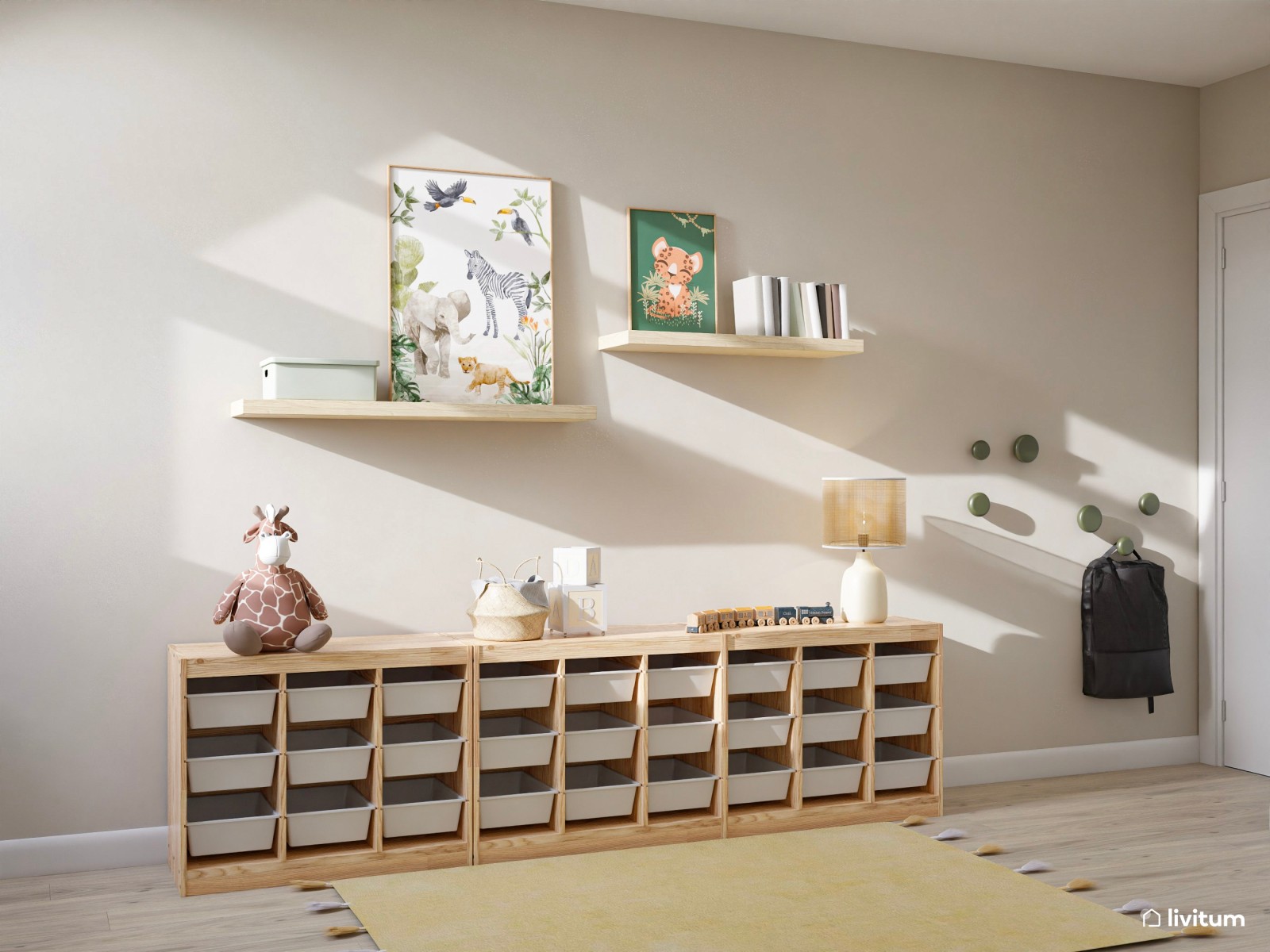 Habitación infantil nórdica bajo techo abuhardillado en tonos verdes