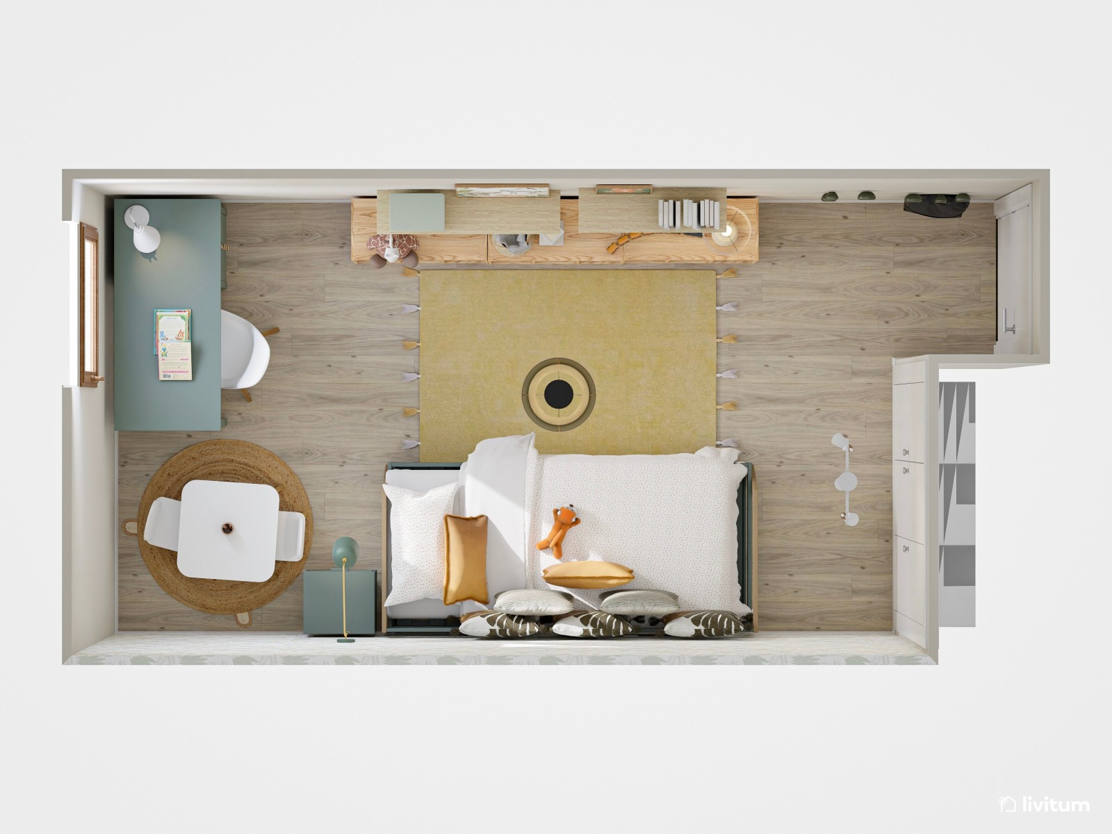 Habitación infantil nórdica bajo techo abuhardillado en tonos verdes