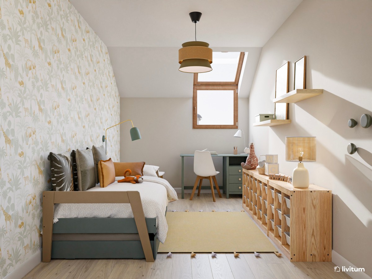 Habitación infantil nórdica bajo techo abuhardillado en tonos verdes