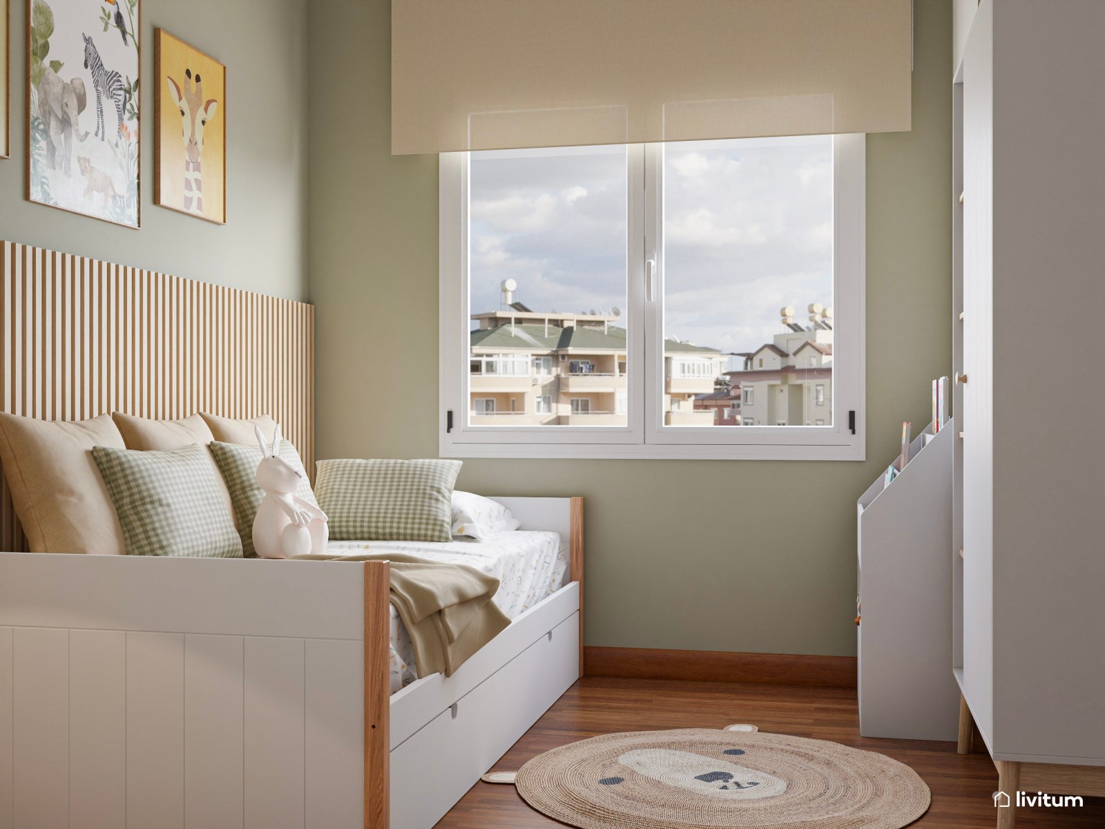 Habitación infantil nórdica con arrimadero de listones de madera y cama nido