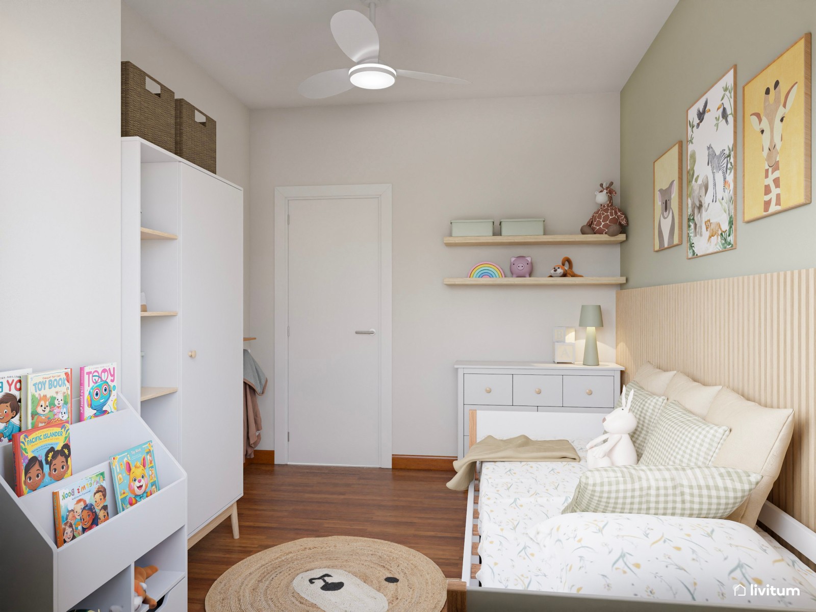 Habitación infantil nórdica con arrimadero de listones de madera y cama nido
