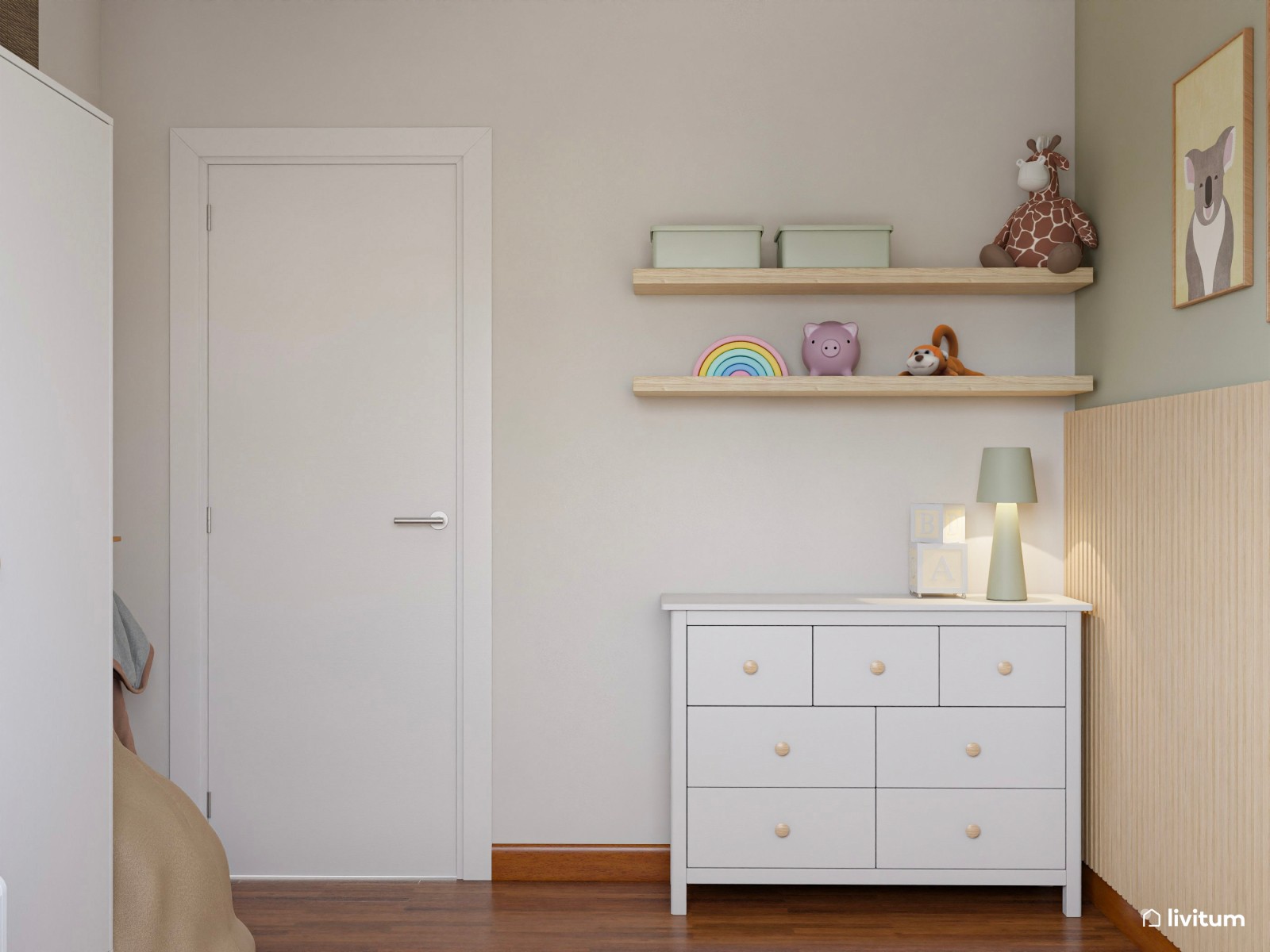 Habitación infantil nórdica con arrimadero de listones de madera y cama nido