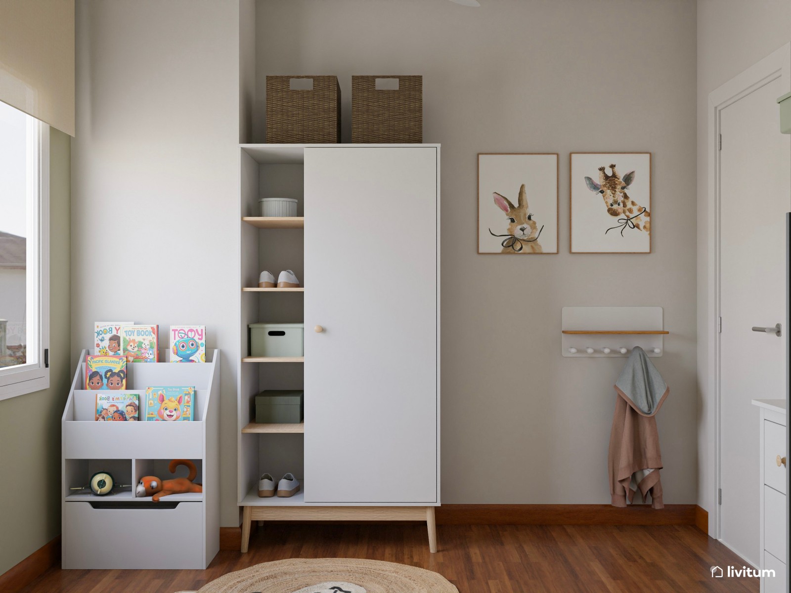 Habitación infantil nórdica con arrimadero de listones de madera y cama nido