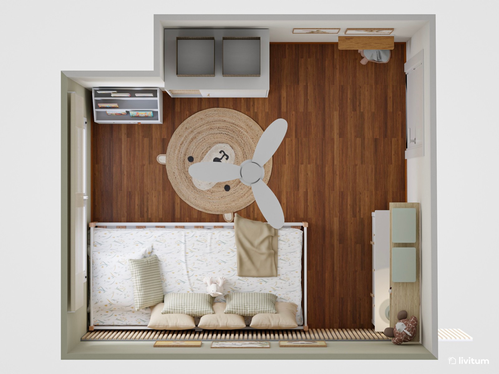 Habitación infantil nórdica con arrimadero de listones de madera y cama nido