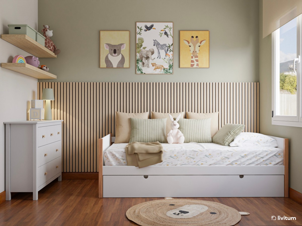 Habitación infantil nórdica con arrimadero de listones de madera y cama nido