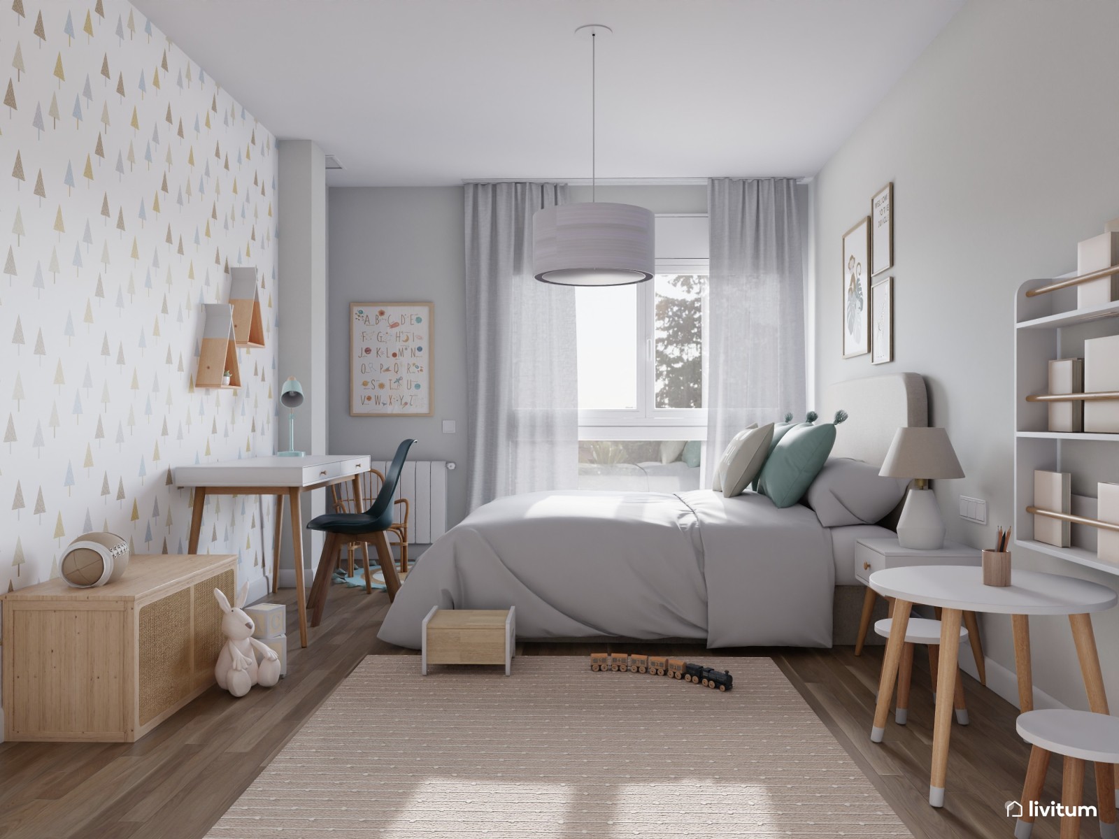 Habitación infantil nórdica con detalles en verde menta 