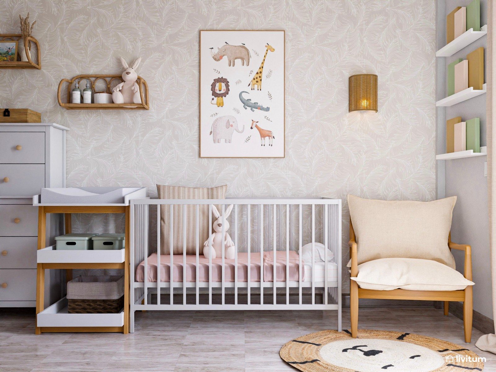 Habitación infantil para bebé con elegante papel pintado