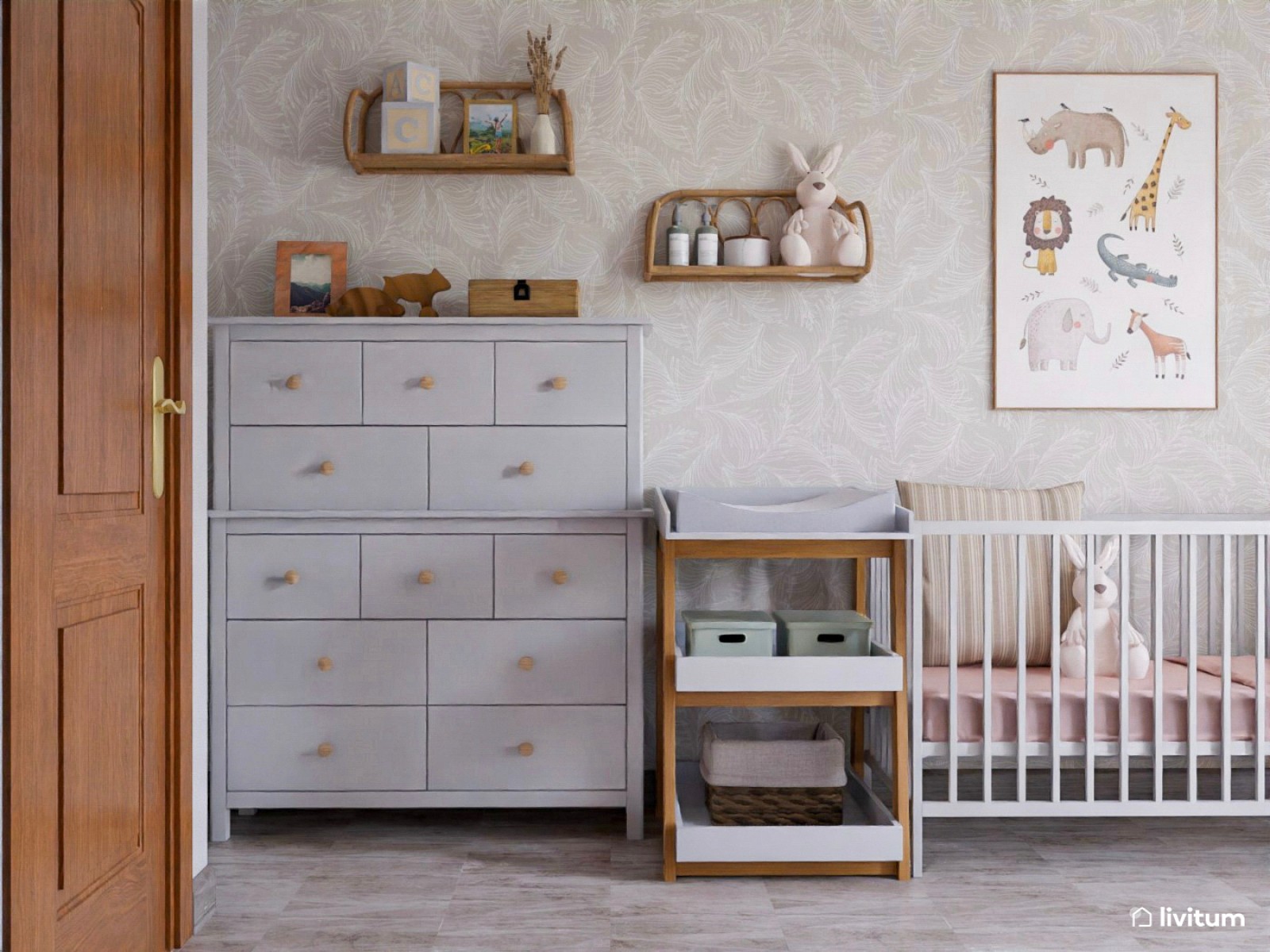 Habitación infantil para bebé con elegante papel pintado