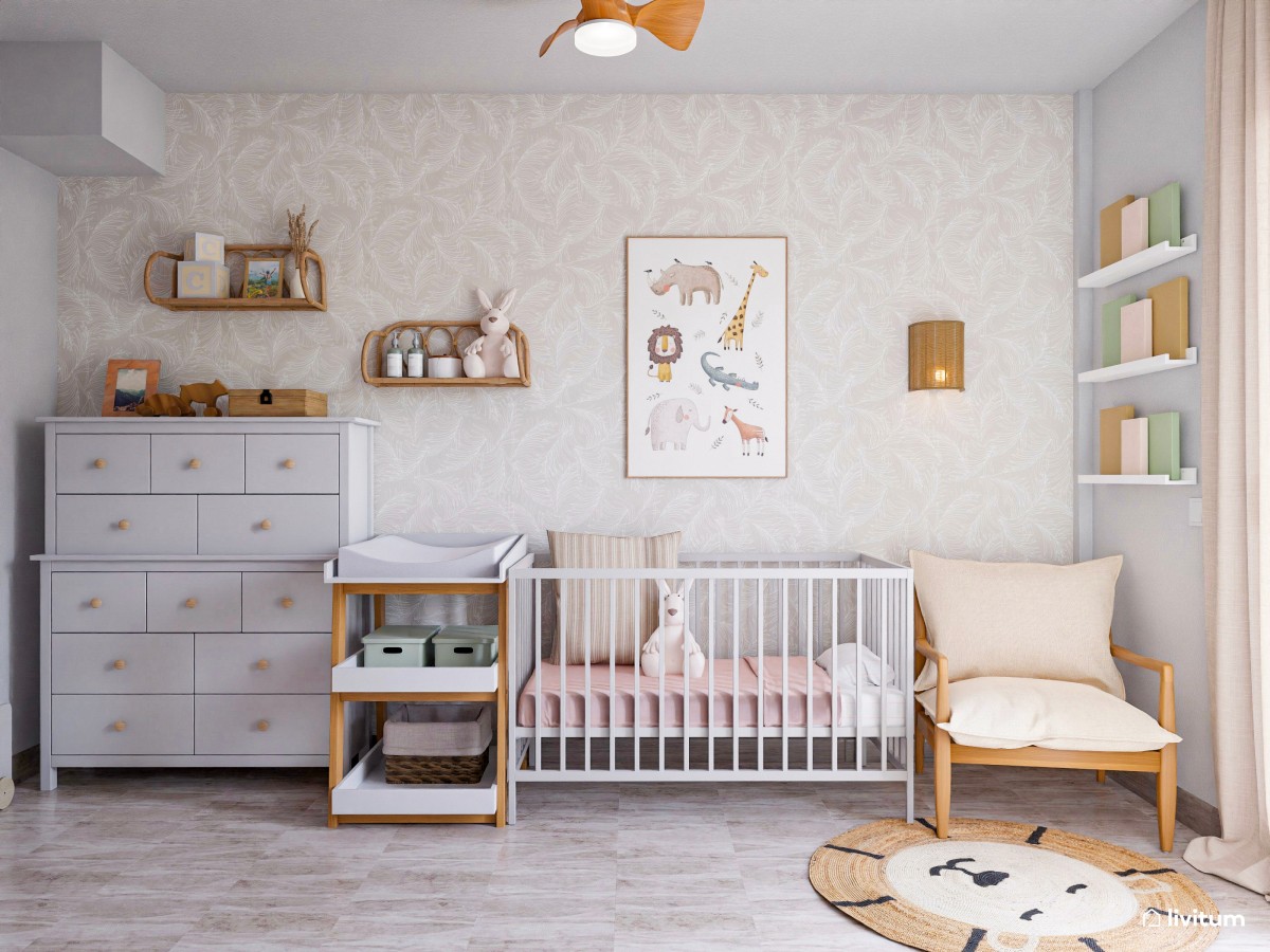 Habitación infantil para bebé con elegante papel pintado