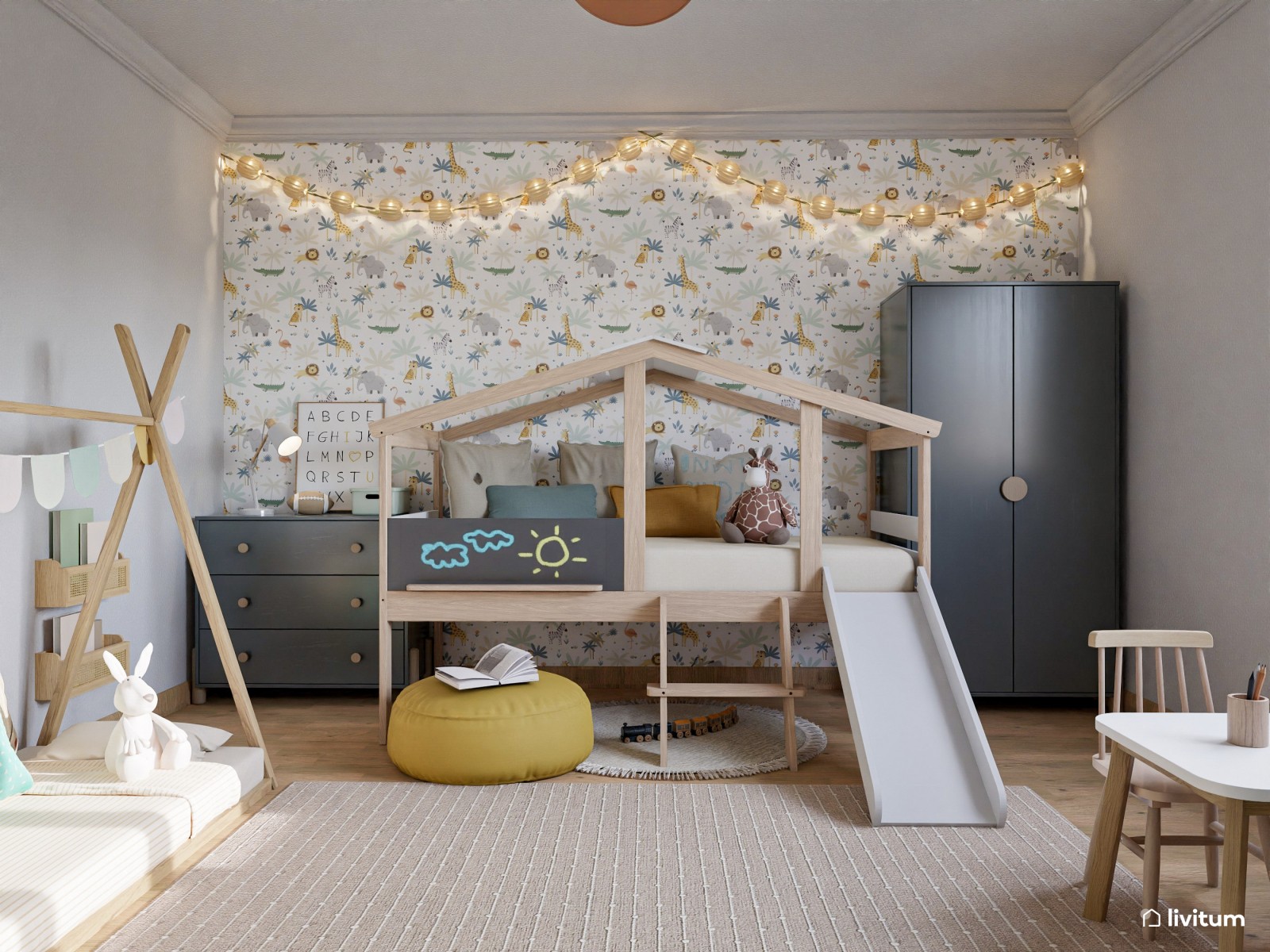 Habitación infantil para dos con divertidas camas