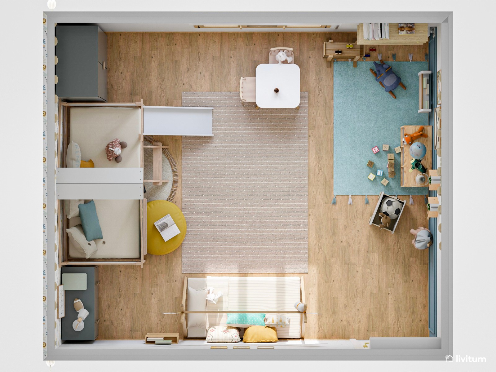 Habitación infantil para dos con divertidas camas