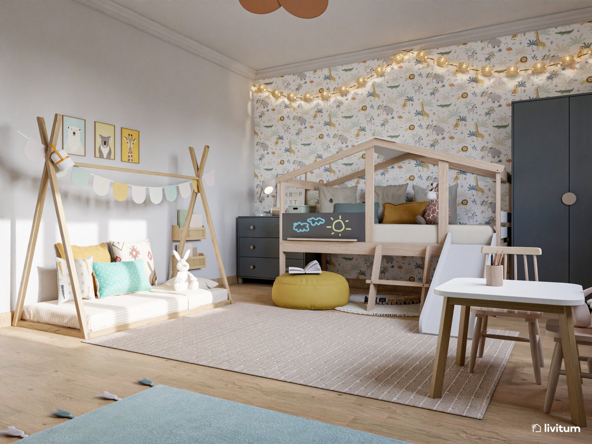 Habitación infantil para dos con divertidas camas