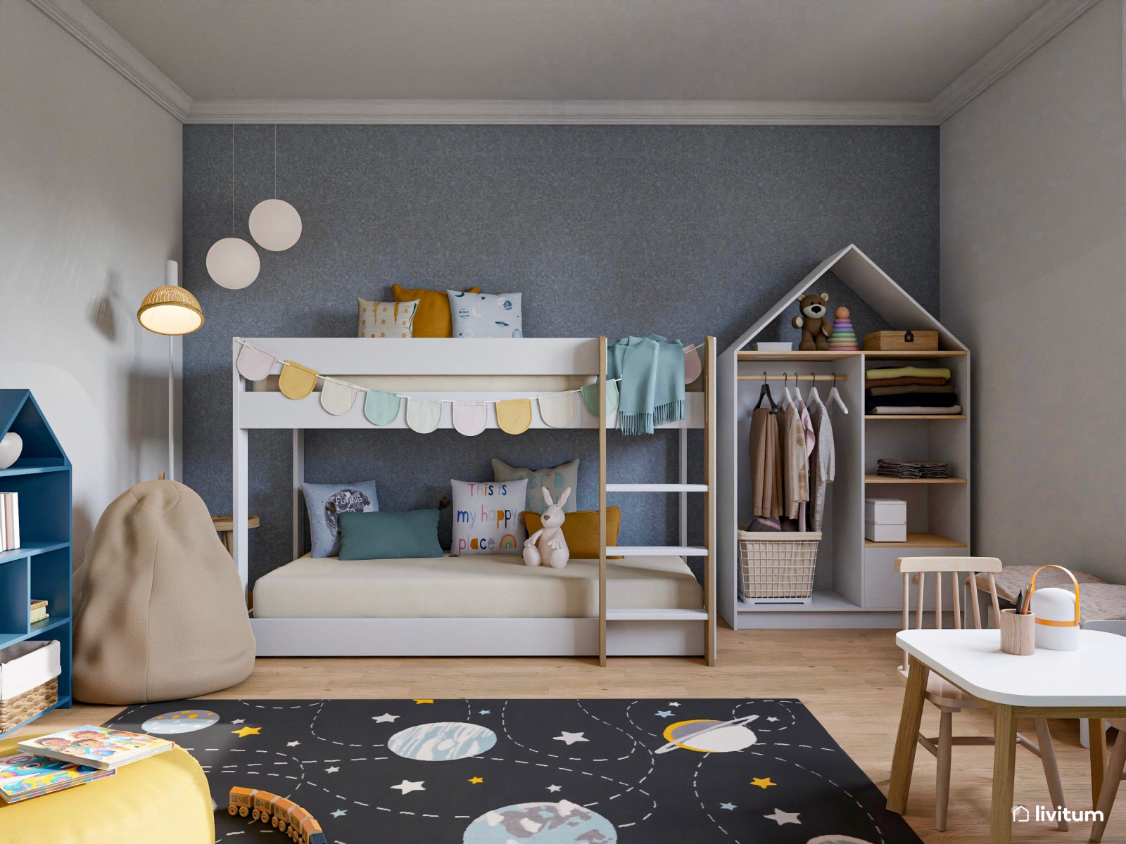 Habitación infantil para dos, en azul y con estantería en forma de casita 
