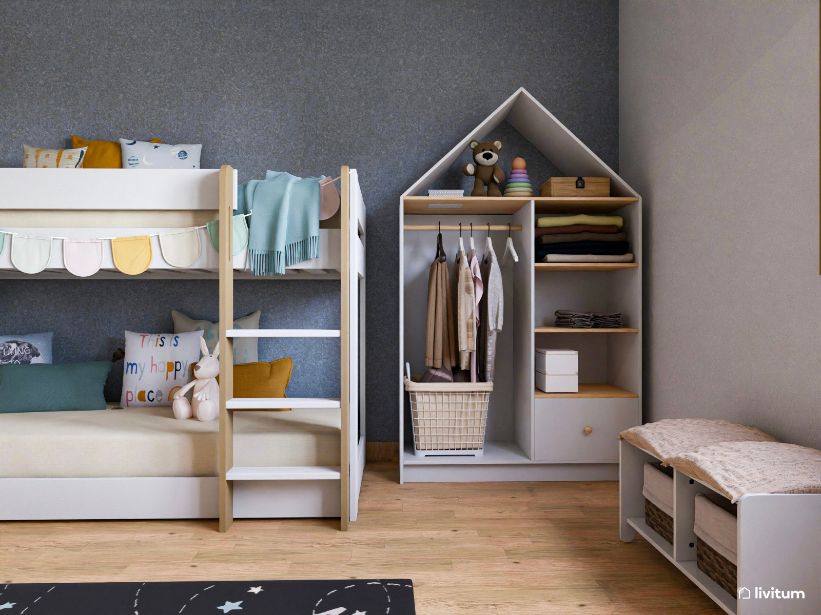 Habitación infantil para dos, en azul y con estantería en forma de casita 