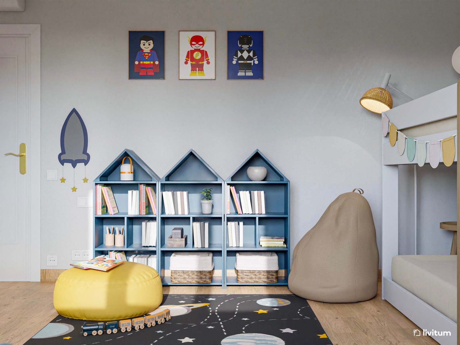 Habitación infantil para dos, en azul y con estantería en forma de casita 