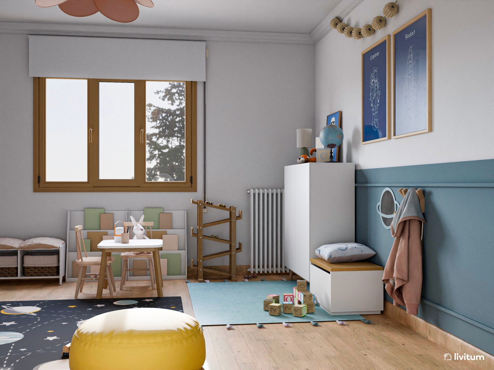 Habitación infantil para dos, en azul y con estantería en forma de casita 