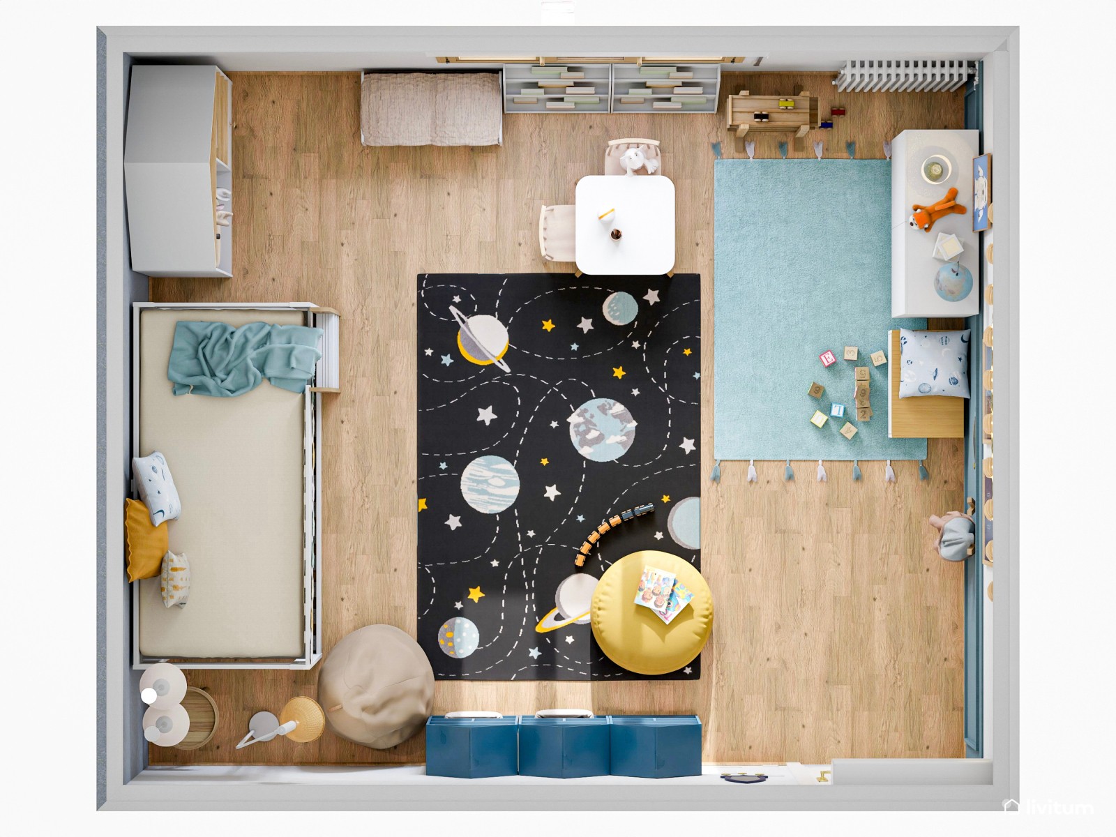 Habitación infantil para dos, en azul y con estantería en forma de casita 