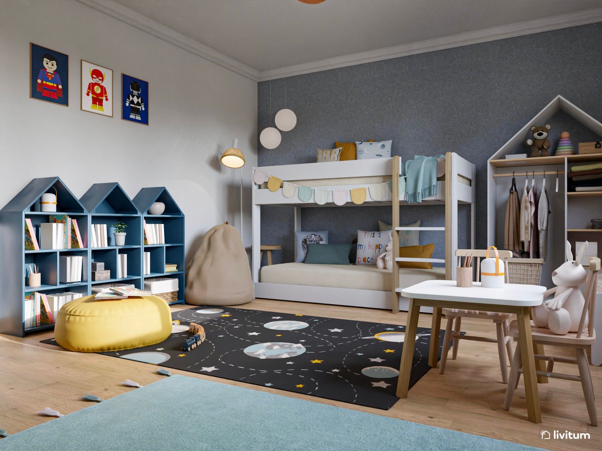 Habitación infantil para dos, en azul y con estantería en forma de casita