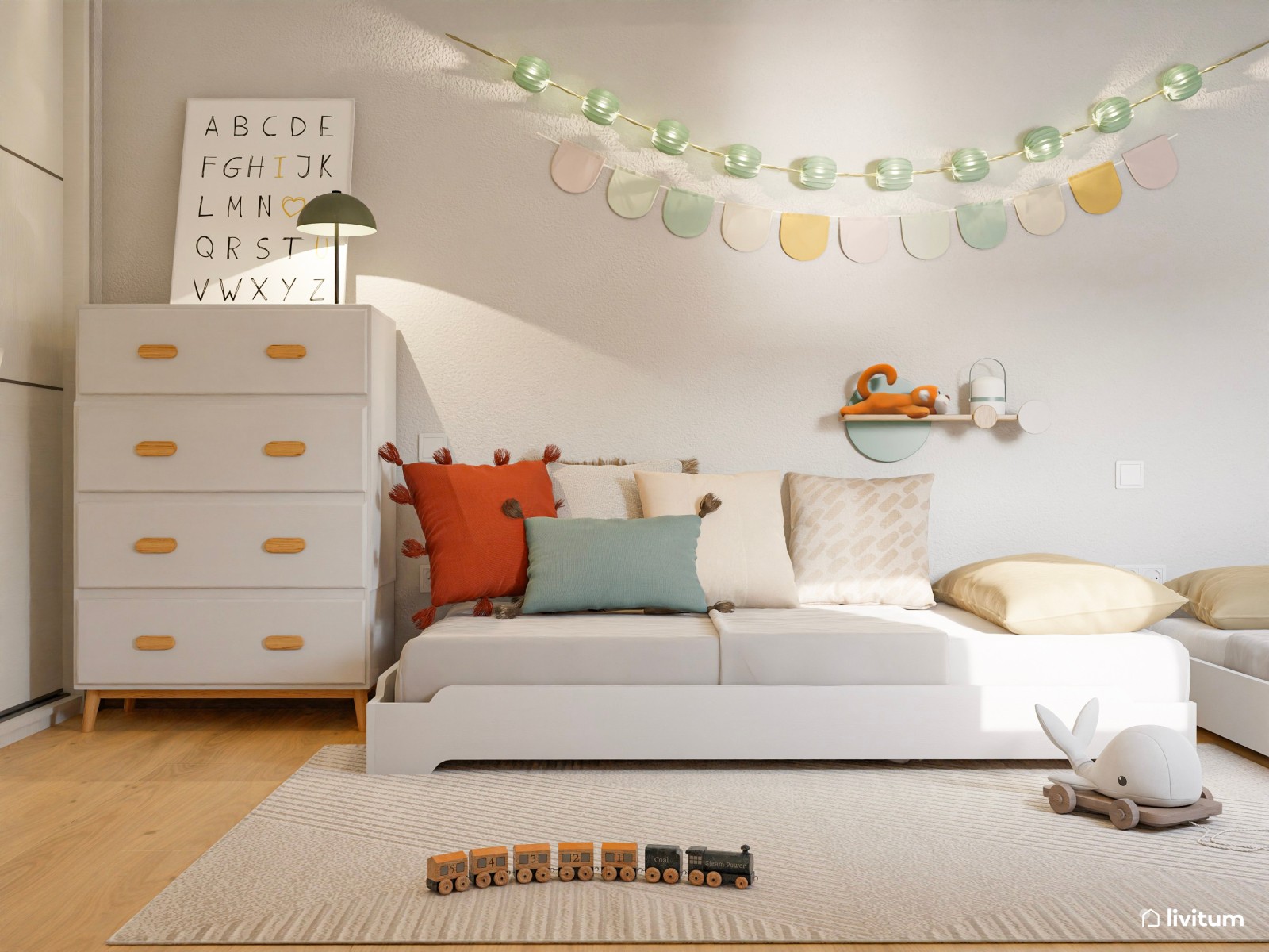 Habitación infantil para dos repleta de detalles divertidos 