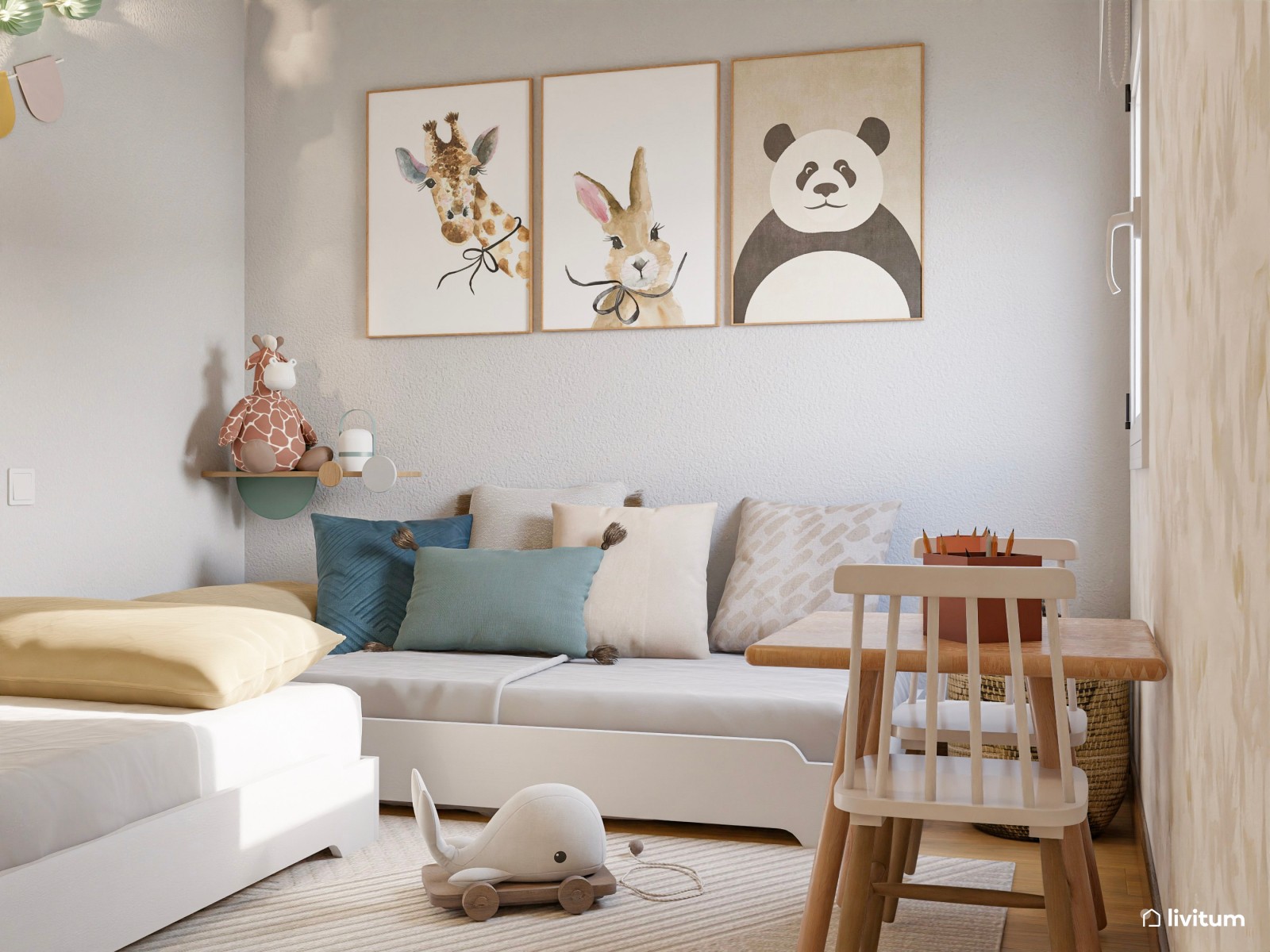 Habitación infantil para dos repleta de detalles divertidos 
