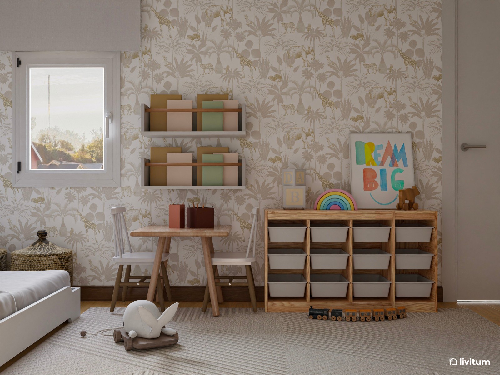 Habitación infantil para dos repleta de detalles divertidos 