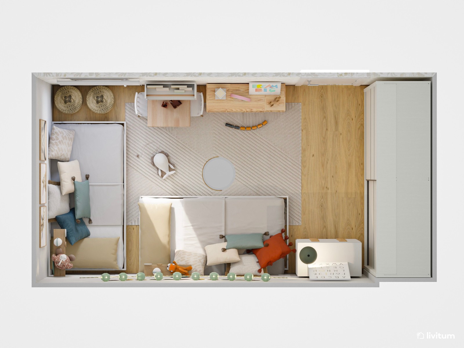 Habitación infantil para dos repleta de detalles divertidos 