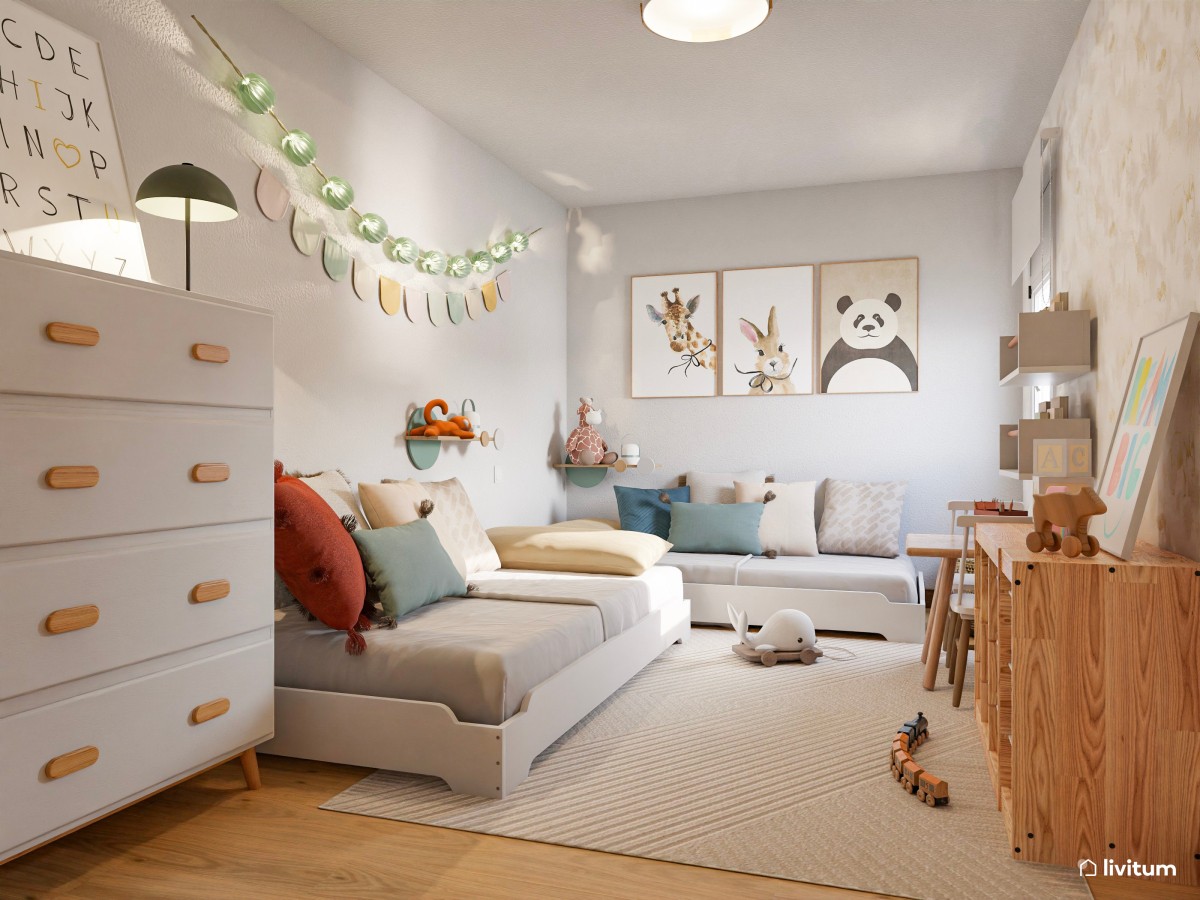 Habitación infantil para dos repleta de detalles divertidos