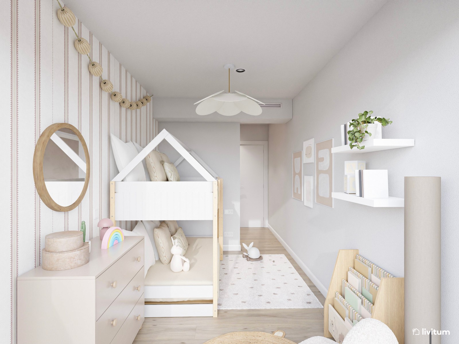 Habitación infantil Total White con litera en forma de casita