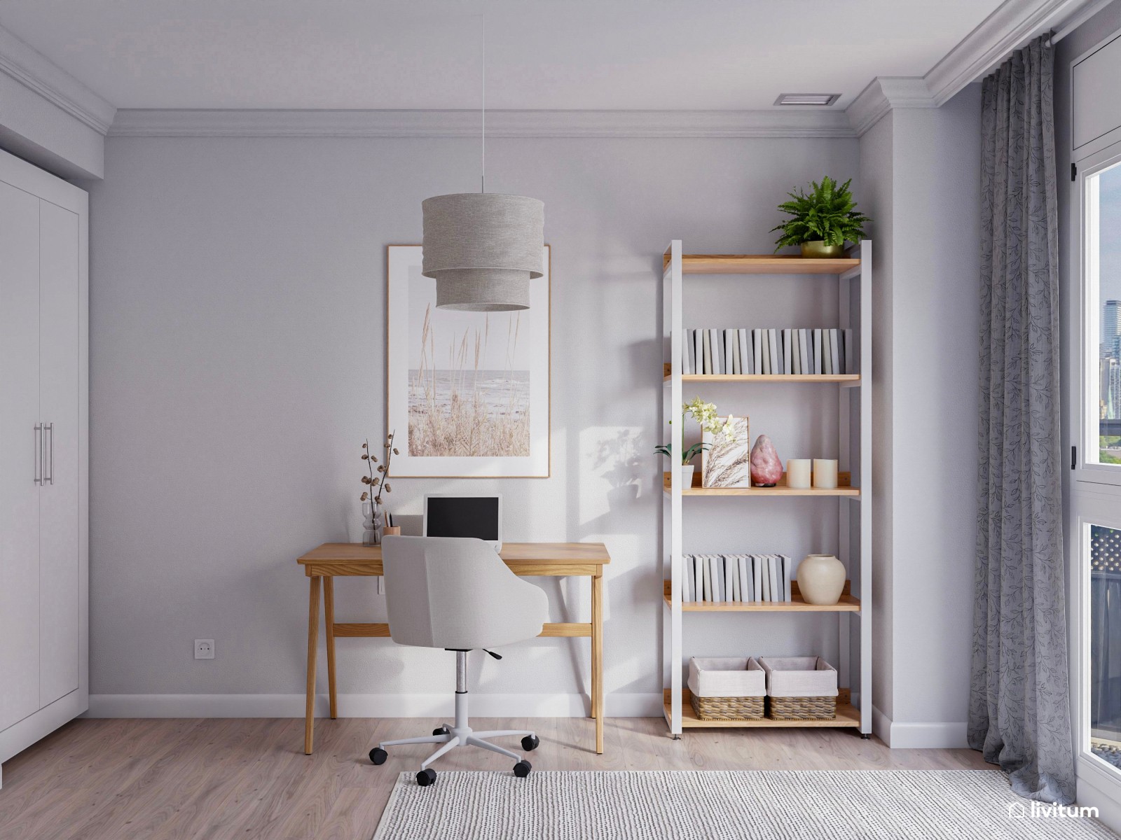 Habitación invitados con zona de trabajo decorada en tonos claros 