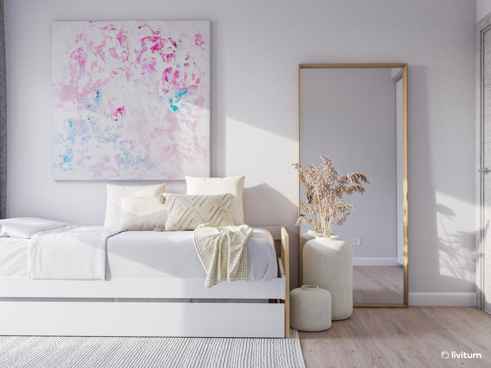 Habitación invitados con zona de trabajo decorada en tonos claros 