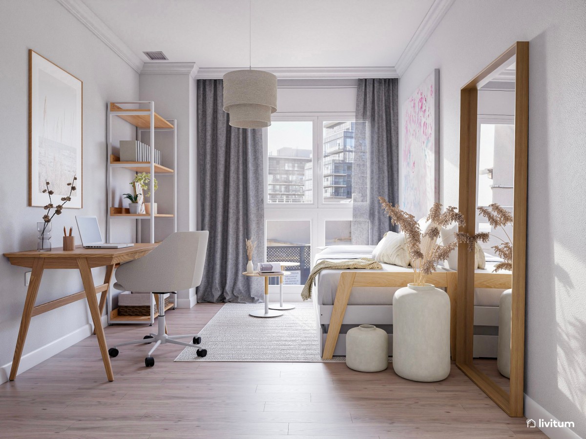Habitación invitados con zona de trabajo decorada en tonos claros